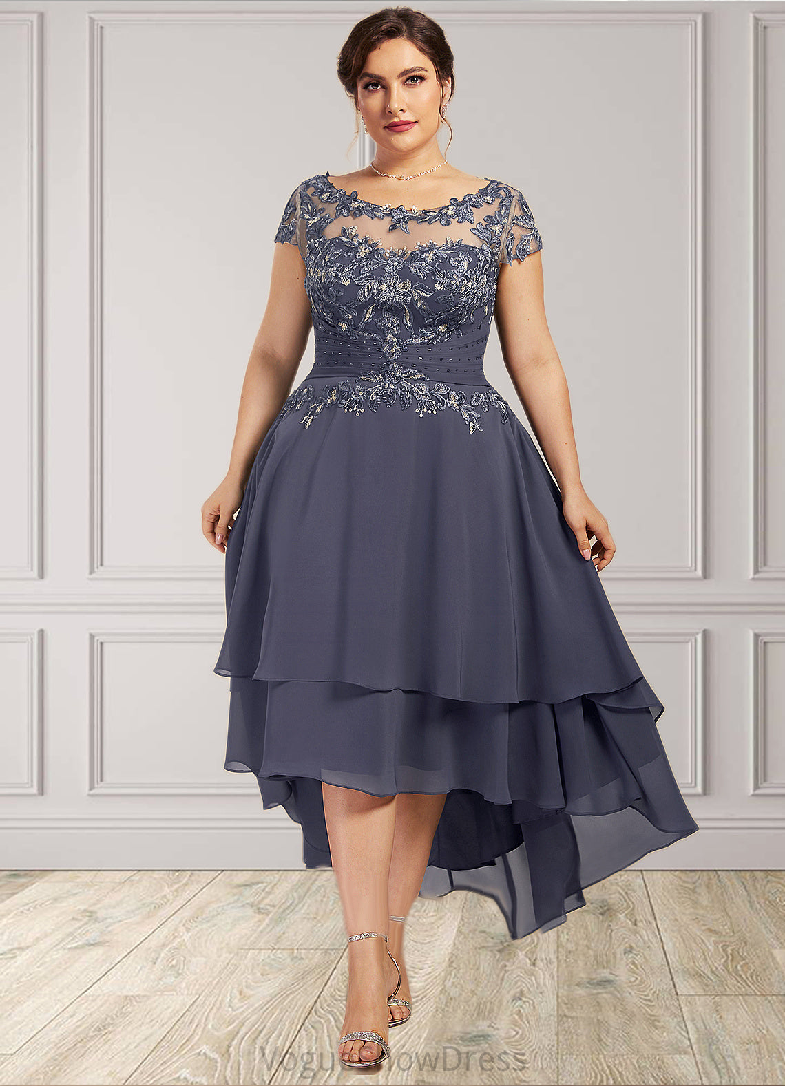 Natasha A-Line Scoop Neck Asymmetrical Chiffon Lace Mother of the Bride Dress With Beading DL126P0014534