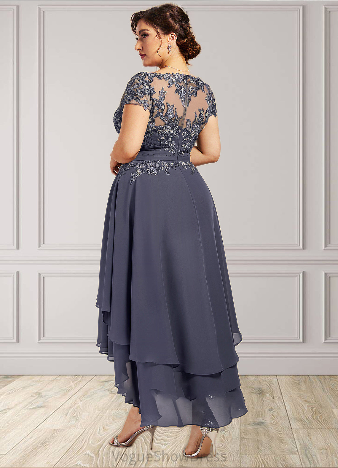 Natasha A-Line Scoop Neck Asymmetrical Chiffon Lace Mother of the Bride Dress With Beading DL126P0014534