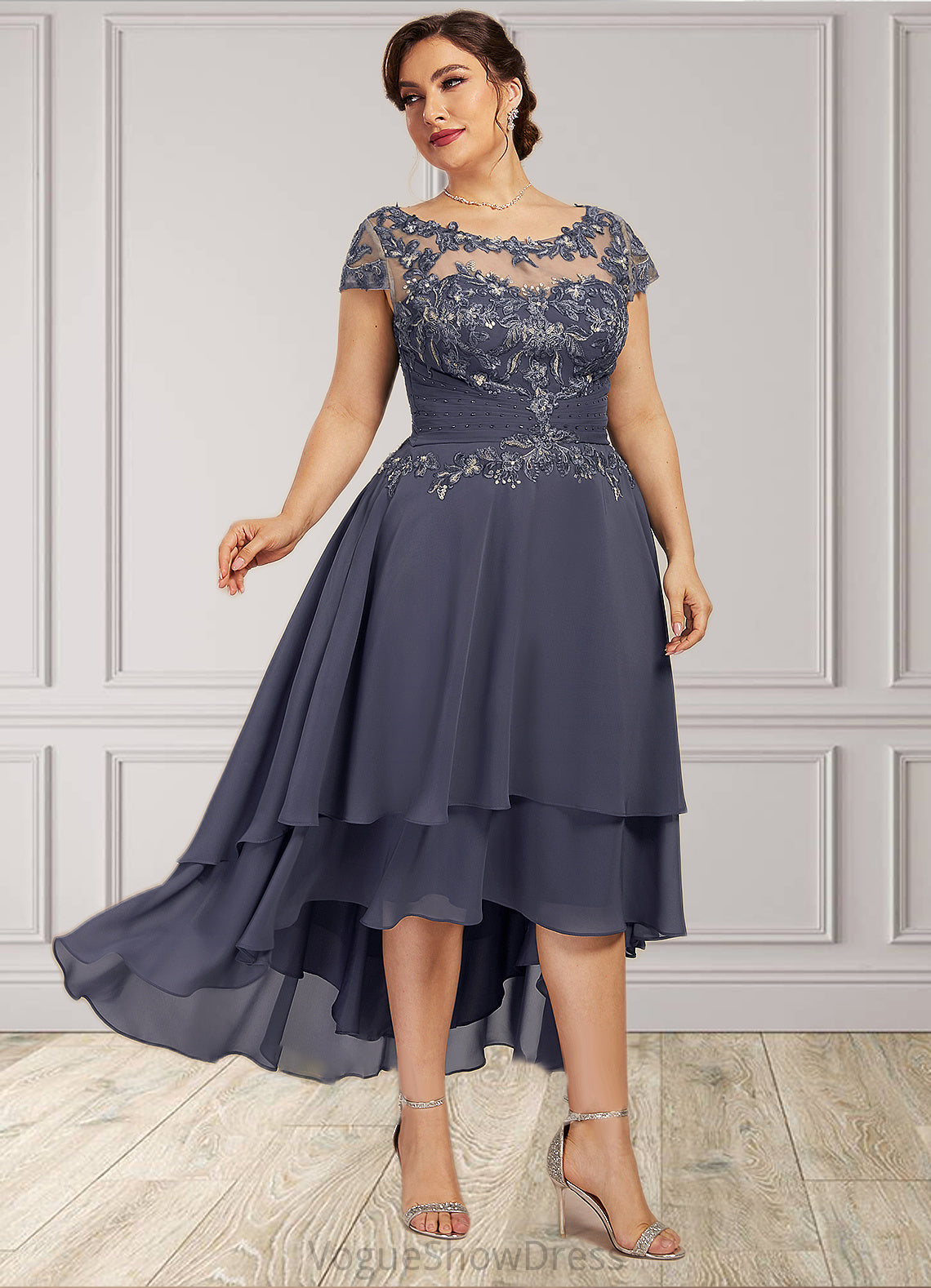 Natasha A-Line Scoop Neck Asymmetrical Chiffon Lace Mother of the Bride Dress With Beading DL126P0014534