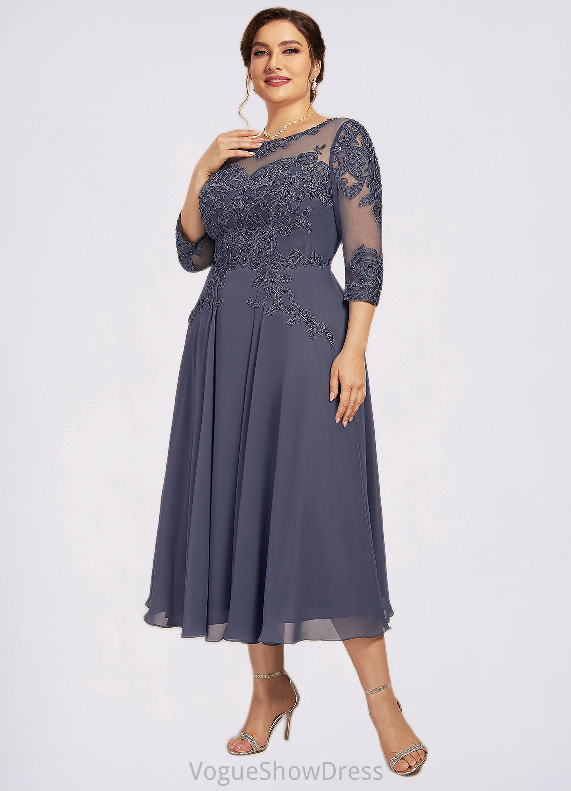 Carleigh A-Line Scoop Neck Tea-Length Chiffon Lace Mother of the Bride Dress With Beading Sequins DL126P0014535