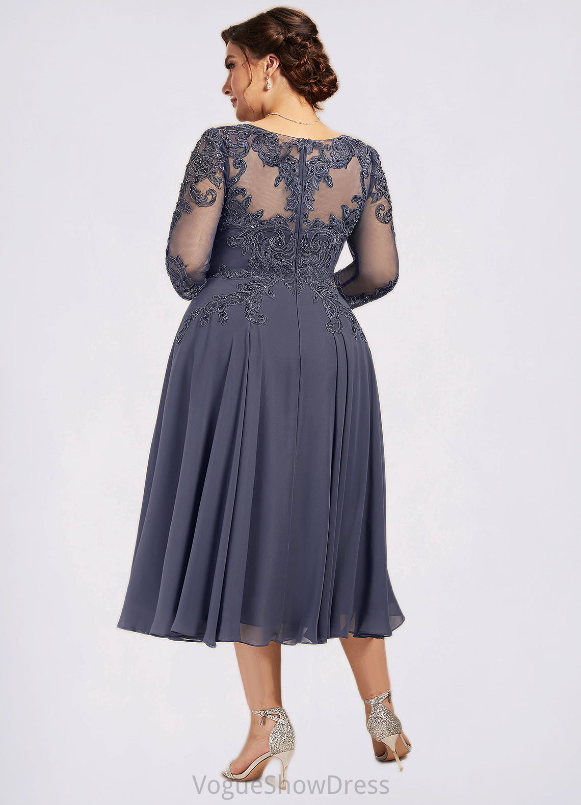 Carleigh A-Line Scoop Neck Tea-Length Chiffon Lace Mother of the Bride Dress With Beading Sequins DL126P0014535