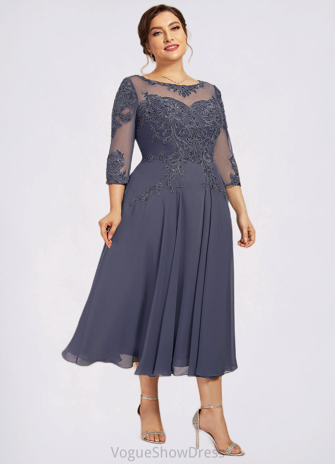 Carleigh A-Line Scoop Neck Tea-Length Chiffon Lace Mother of the Bride Dress With Beading Sequins DL126P0014535