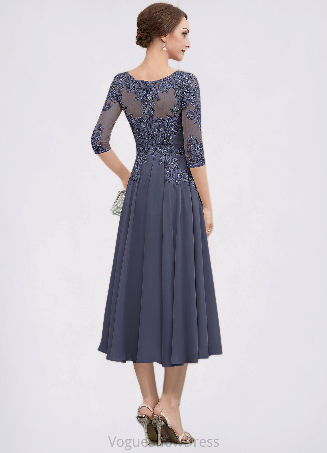 Carleigh A-Line Scoop Neck Tea-Length Chiffon Lace Mother of the Bride Dress With Beading Sequins DL126P0014535