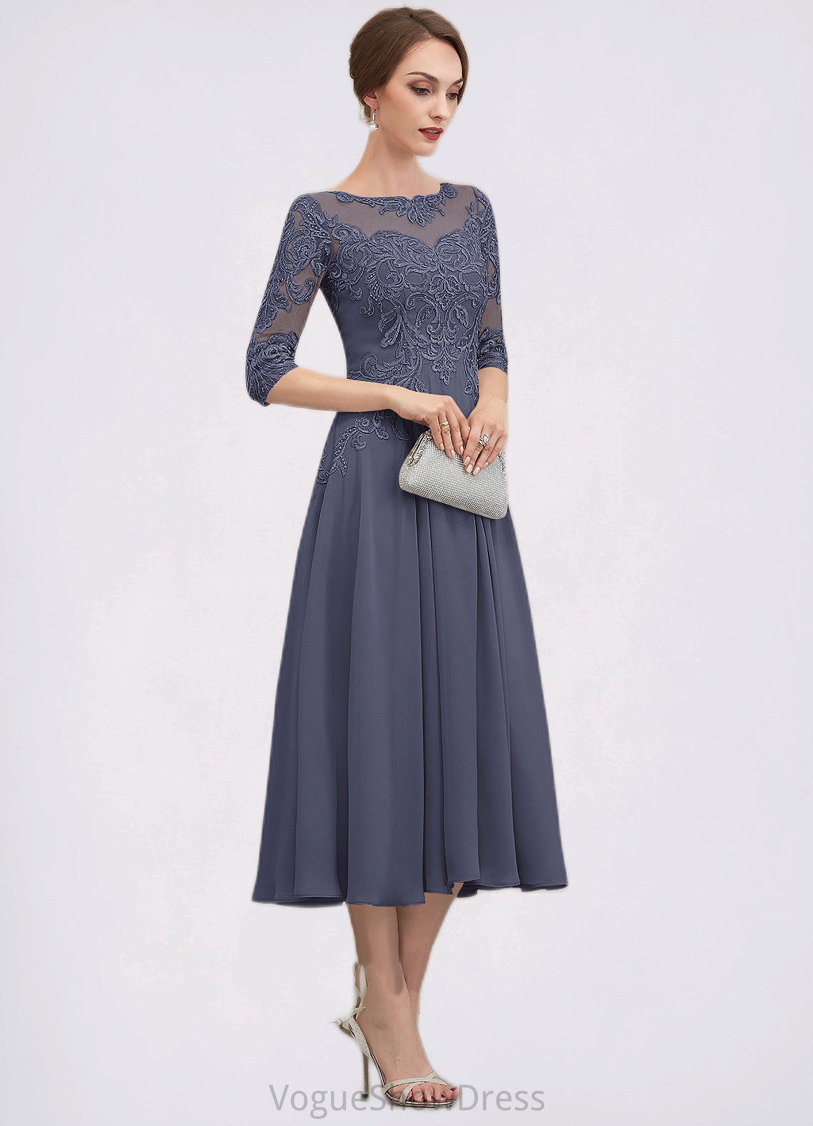 Carleigh A-Line Scoop Neck Tea-Length Chiffon Lace Mother of the Bride Dress With Beading Sequins DL126P0014535