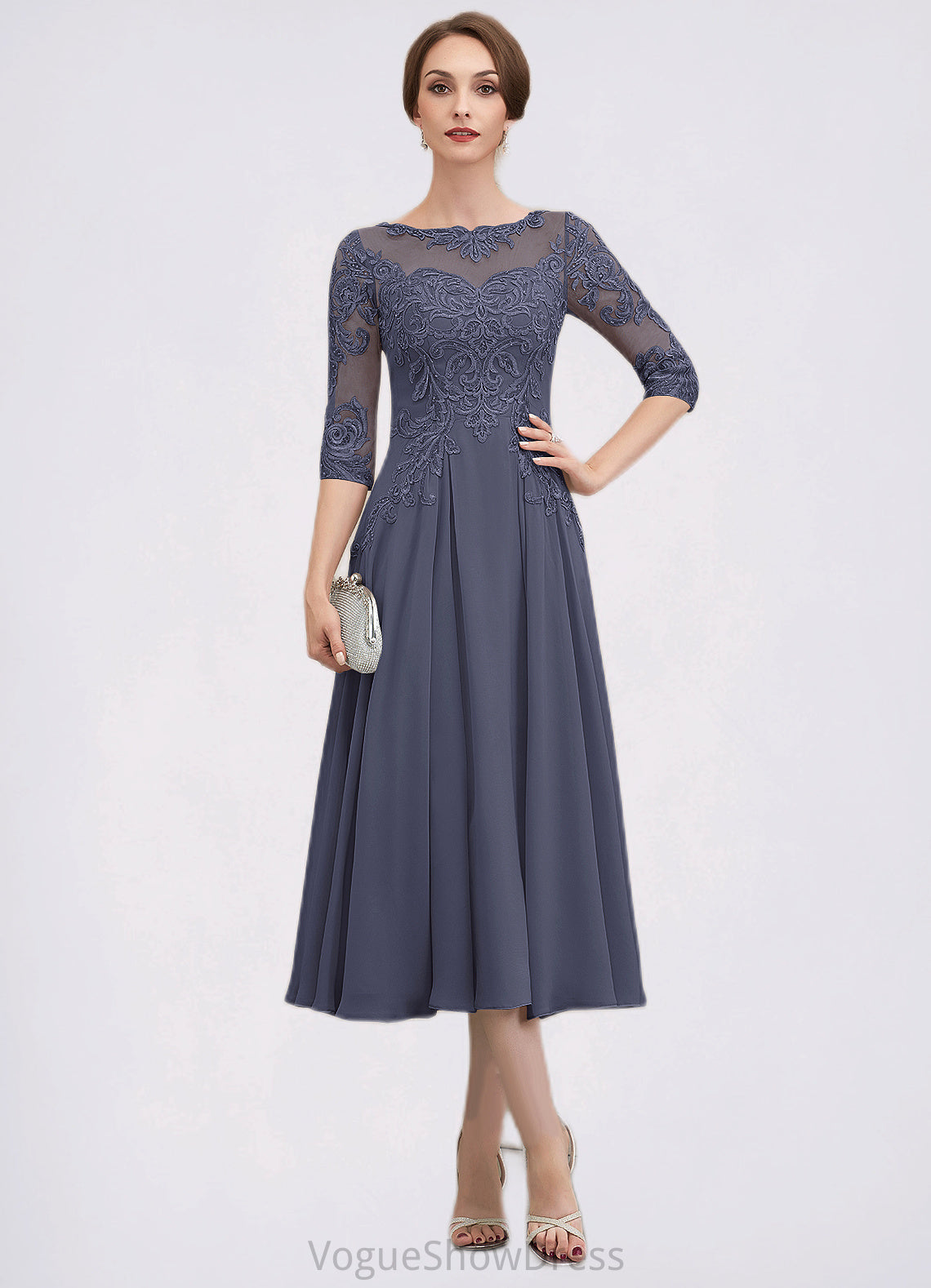 Carleigh A-Line Scoop Neck Tea-Length Chiffon Lace Mother of the Bride Dress With Beading Sequins DL126P0014535