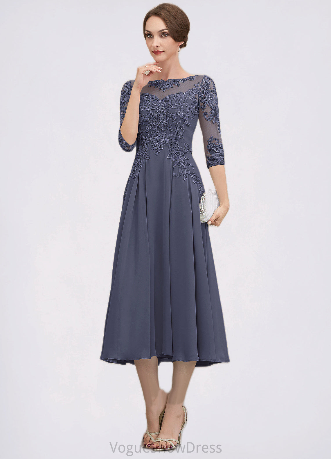 Carleigh A-Line Scoop Neck Tea-Length Chiffon Lace Mother of the Bride Dress With Beading Sequins DL126P0014535