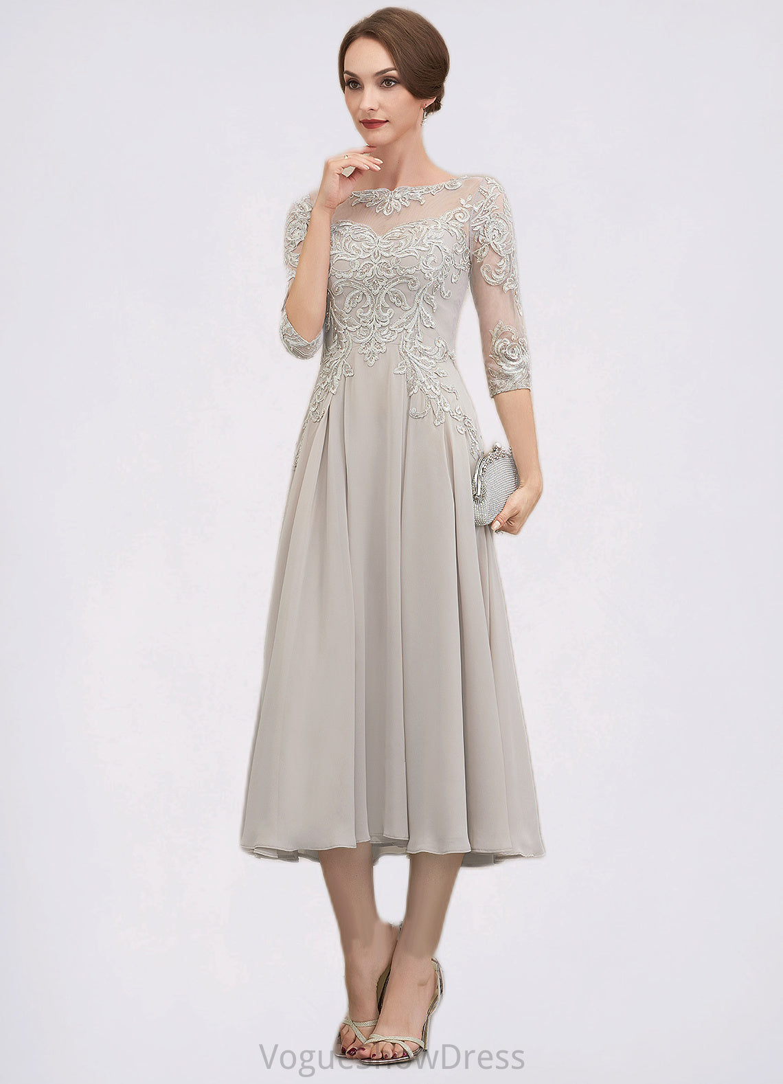 Carleigh A-Line Scoop Neck Tea-Length Chiffon Lace Mother of the Bride Dress With Beading Sequins DL126P0014535