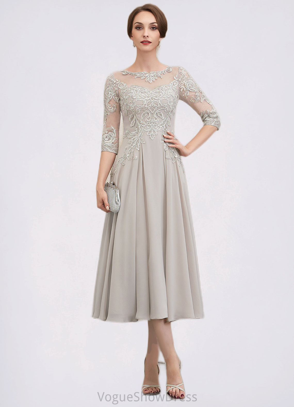 Carleigh A-Line Scoop Neck Tea-Length Chiffon Lace Mother of the Bride Dress With Beading Sequins DL126P0014535