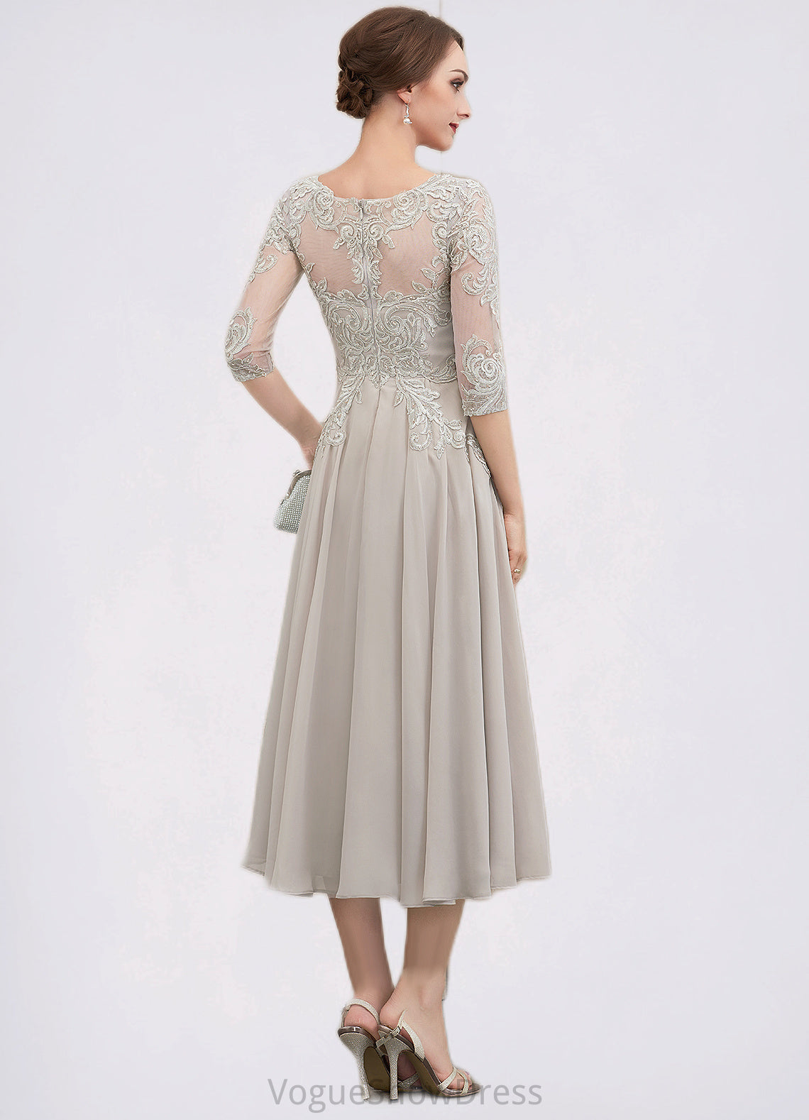 Carleigh A-Line Scoop Neck Tea-Length Chiffon Lace Mother of the Bride Dress With Beading Sequins DL126P0014535