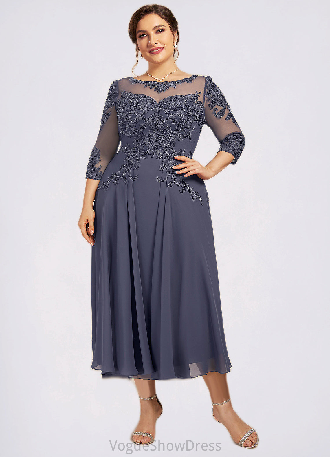 Carleigh A-Line Scoop Neck Tea-Length Chiffon Lace Mother of the Bride Dress With Beading Sequins DL126P0014535