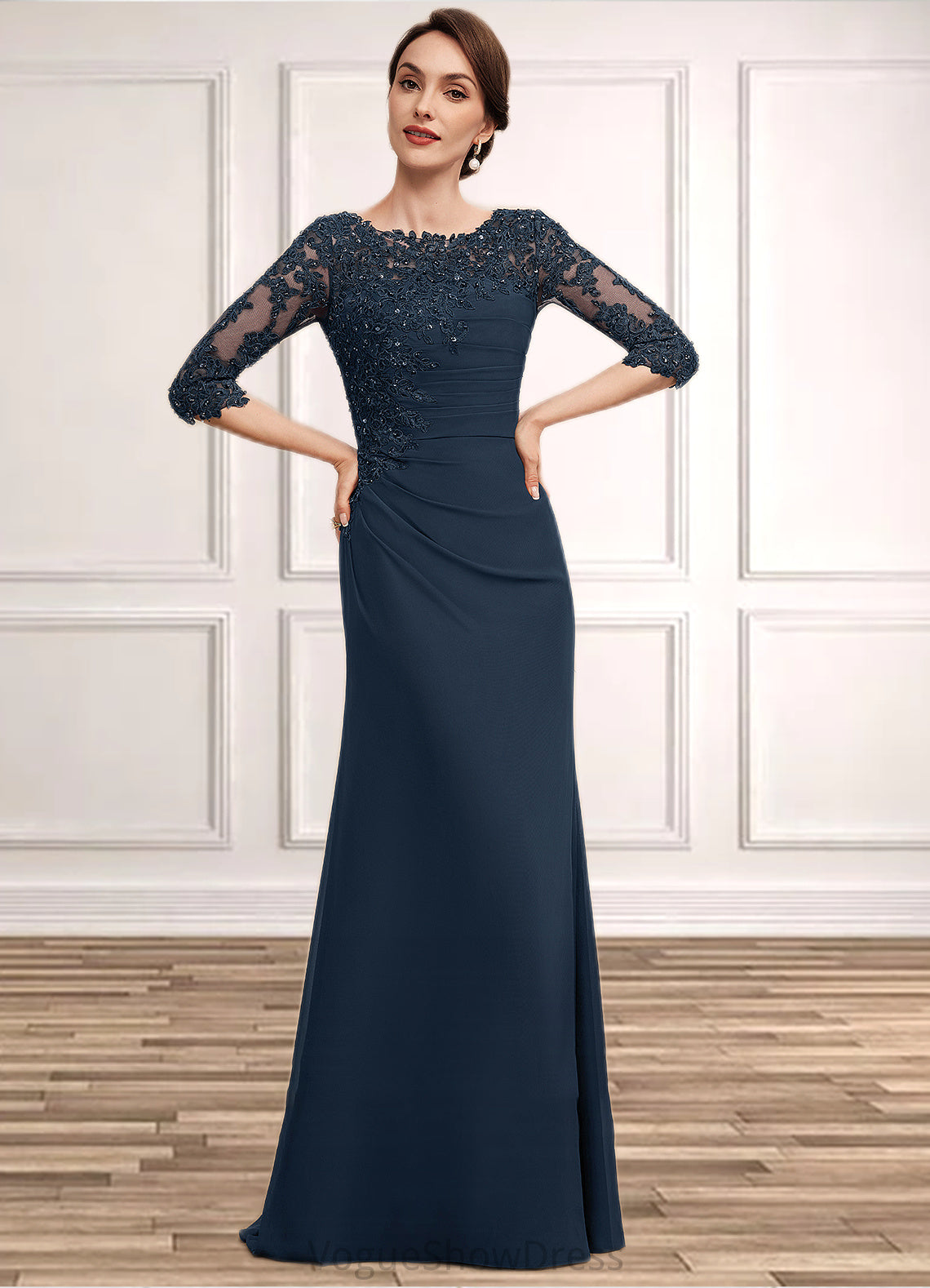 Evie A-Line Scoop Neck Floor-Length Chiffon Lace Mother of the Bride Dress With Ruffle Beading Sequins DL126P0014536