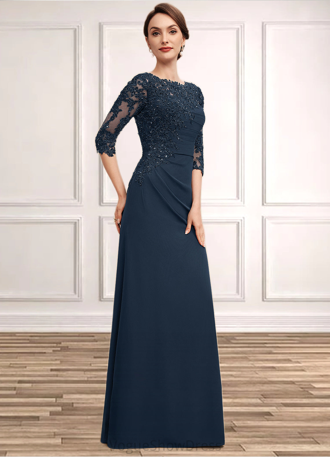 Evie A-Line Scoop Neck Floor-Length Chiffon Lace Mother of the Bride Dress With Ruffle Beading Sequins DL126P0014536