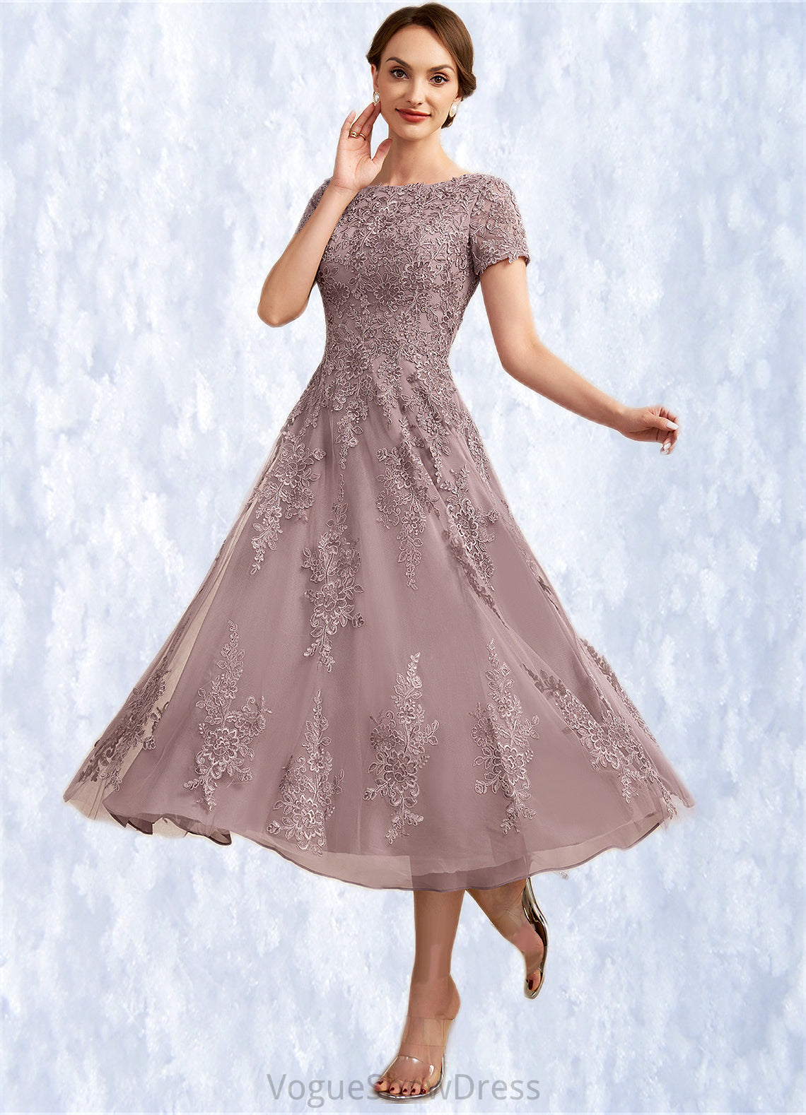 Thirza A-Line Scoop Neck Tea-Length Tulle Lace Mother of the Bride Dress DL126P0014538