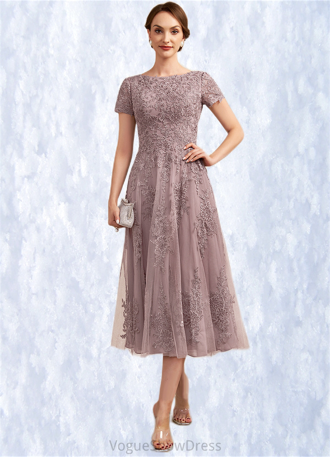 Thirza A-Line Scoop Neck Tea-Length Tulle Lace Mother of the Bride Dress DL126P0014538