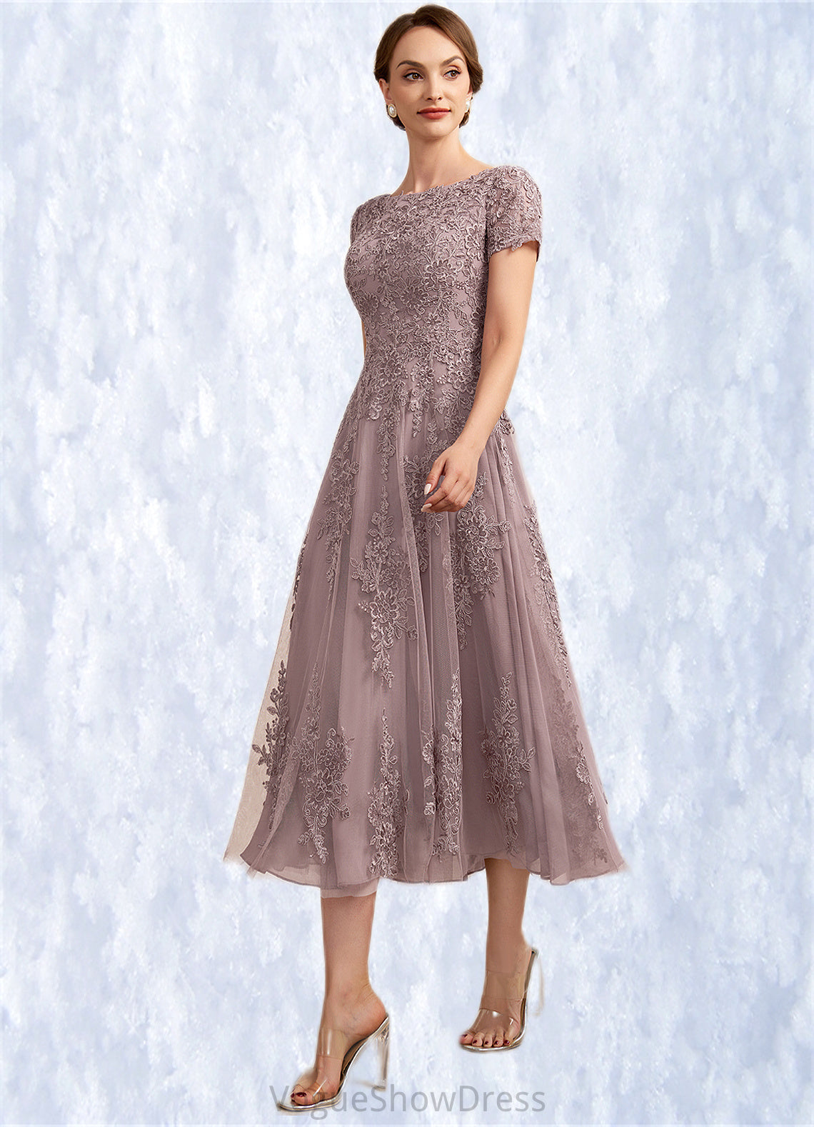 Thirza A-Line Scoop Neck Tea-Length Tulle Lace Mother of the Bride Dress DL126P0014538