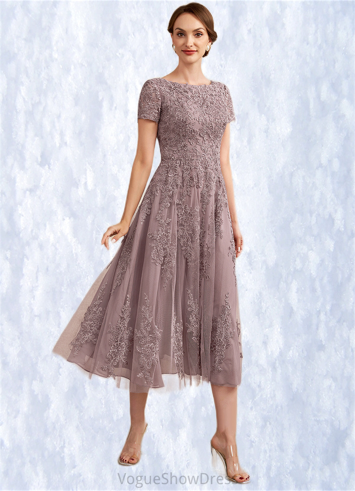 Thirza A-Line Scoop Neck Tea-Length Tulle Lace Mother of the Bride Dress DL126P0014538