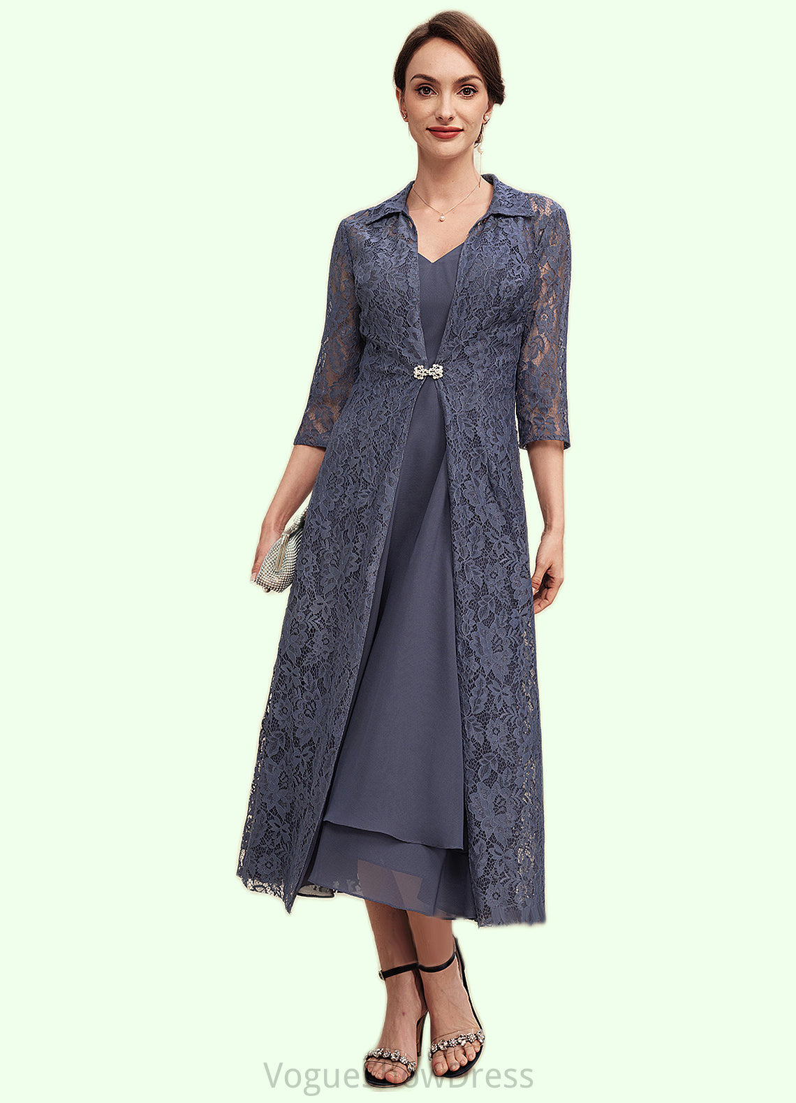 Pauline A-line V-Neck Tea-Length Chiffon Mother of the Bride Dress DL126P0014540