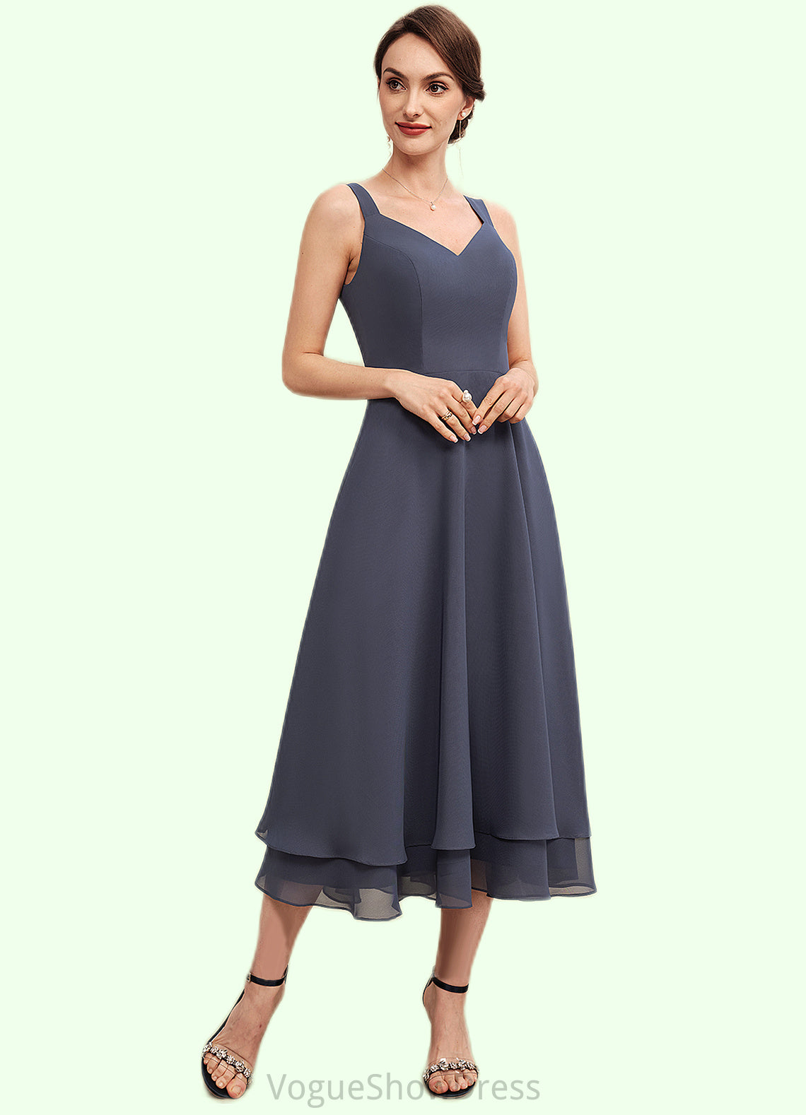 Pauline A-line V-Neck Tea-Length Chiffon Mother of the Bride Dress DL126P0014540