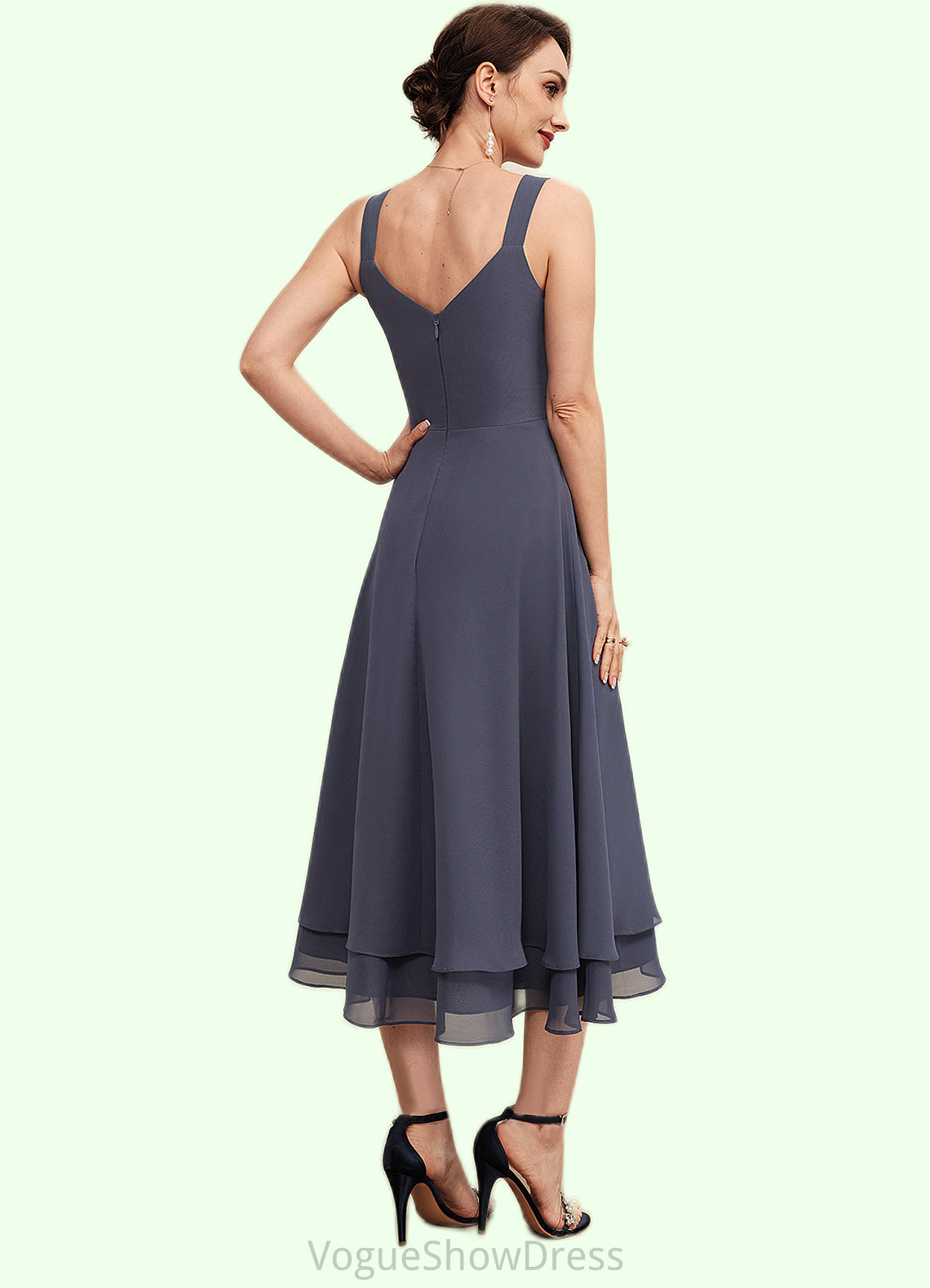 Pauline A-line V-Neck Tea-Length Chiffon Mother of the Bride Dress DL126P0014540