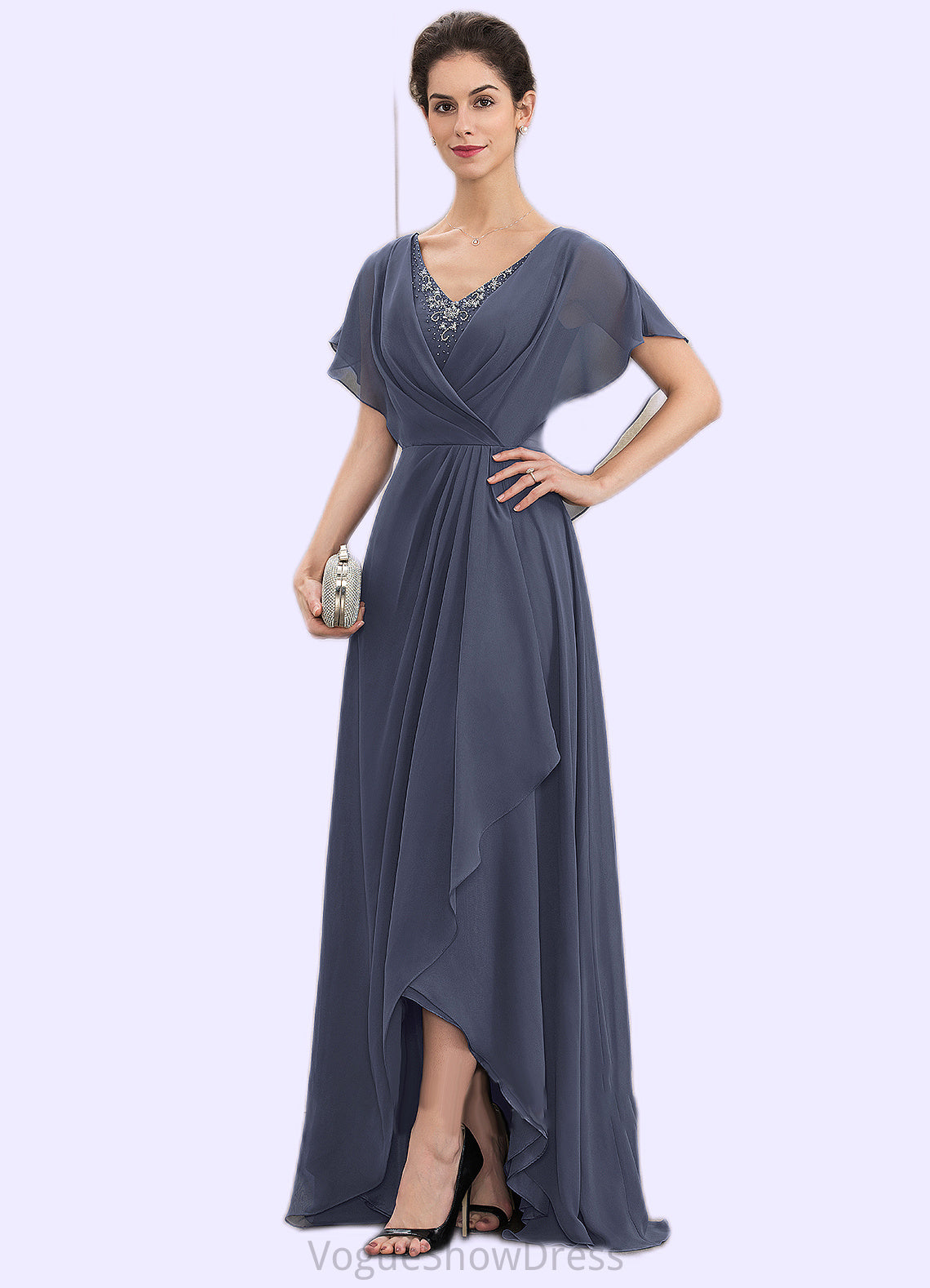 Lilliana A-Line V-neck Asymmetrical Chiffon Mother of the Bride Dress With Beading Sequins DL126P0014541