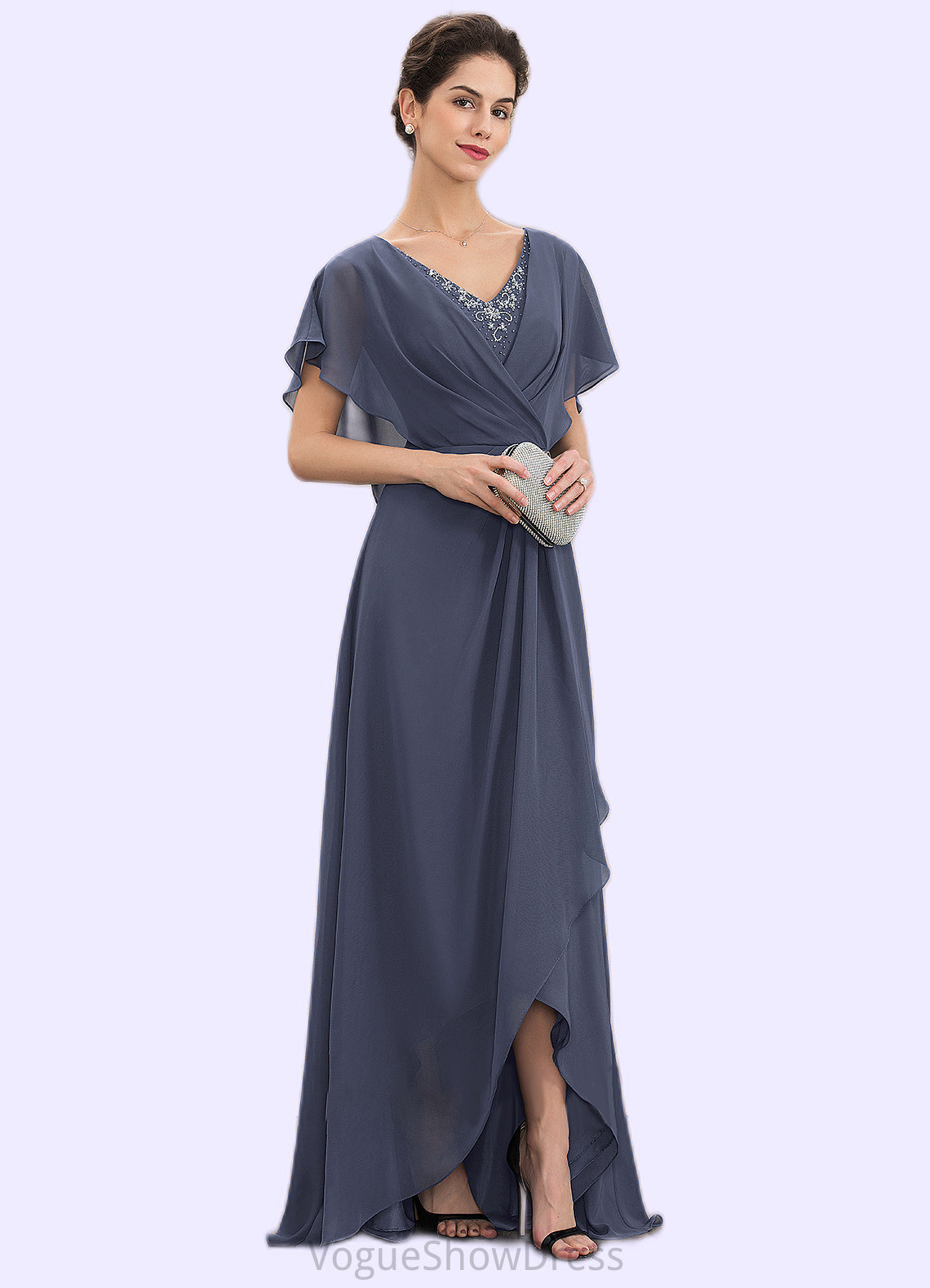 Lilliana A-Line V-neck Asymmetrical Chiffon Mother of the Bride Dress With Beading Sequins DL126P0014541