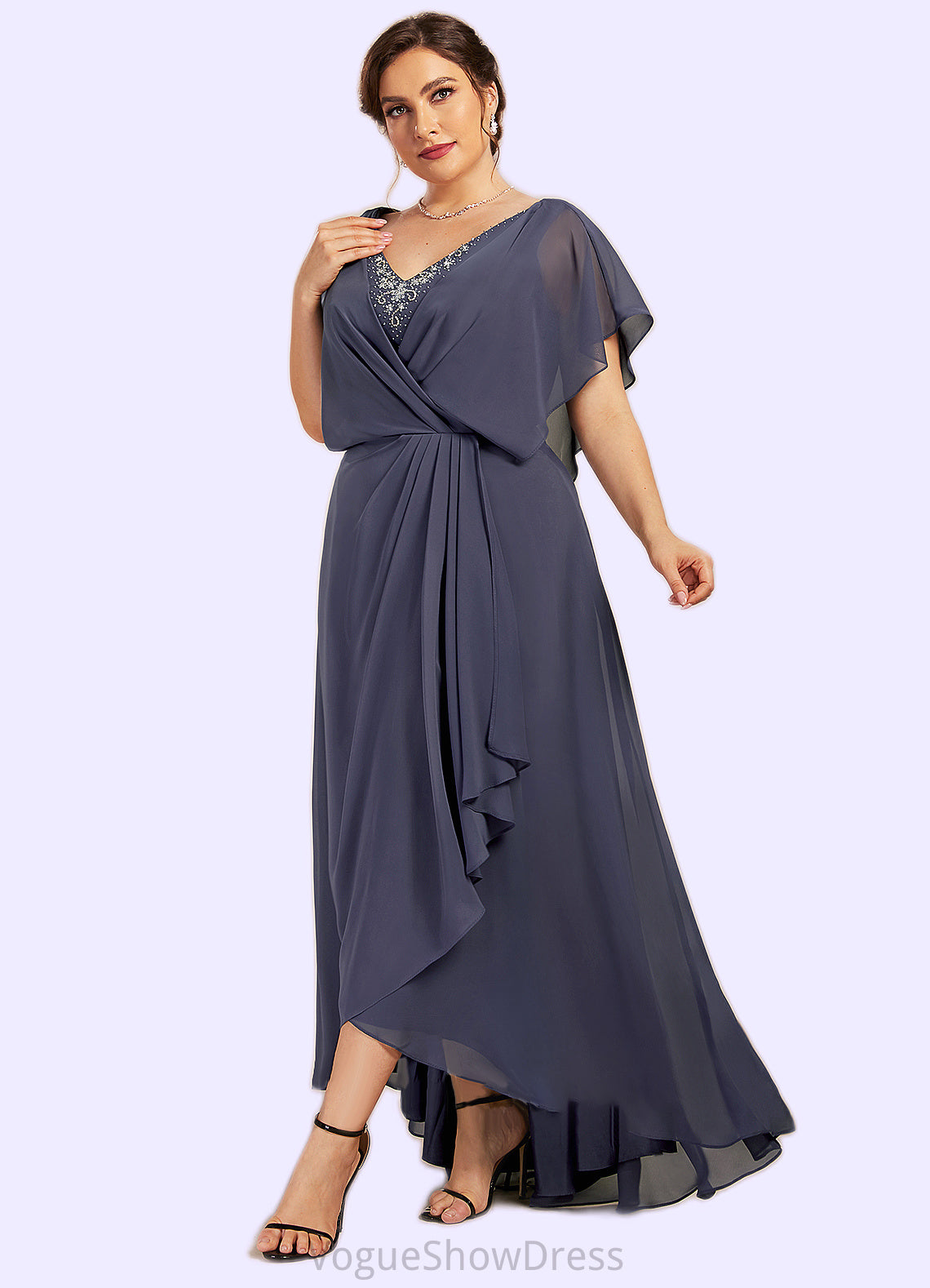 Lilliana A-Line V-neck Asymmetrical Chiffon Mother of the Bride Dress With Beading Sequins DL126P0014541