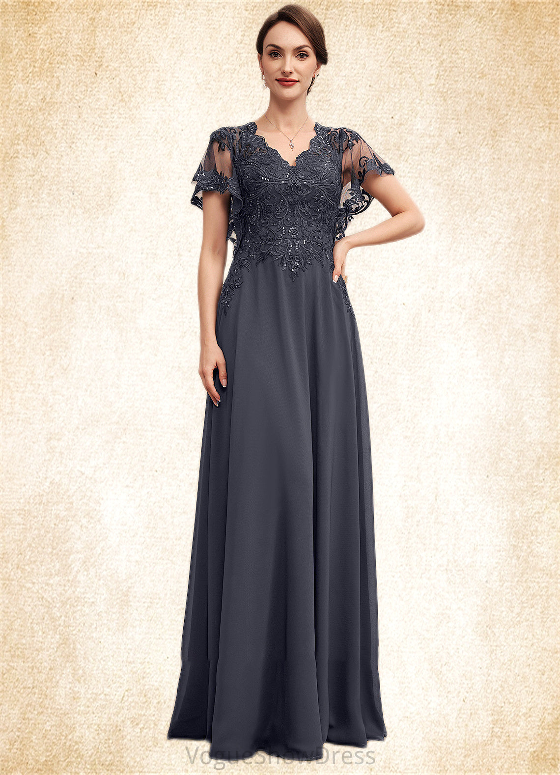 Mylee A-line V-Neck Floor-Length Chiffon Lace Mother of the Bride Dress With Sequins DL126P0014542