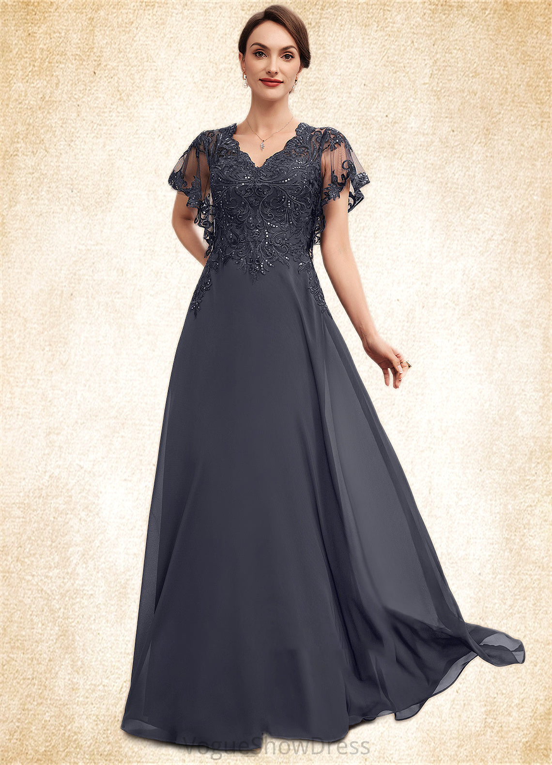 Mylee A-line V-Neck Floor-Length Chiffon Lace Mother of the Bride Dress With Sequins DL126P0014542