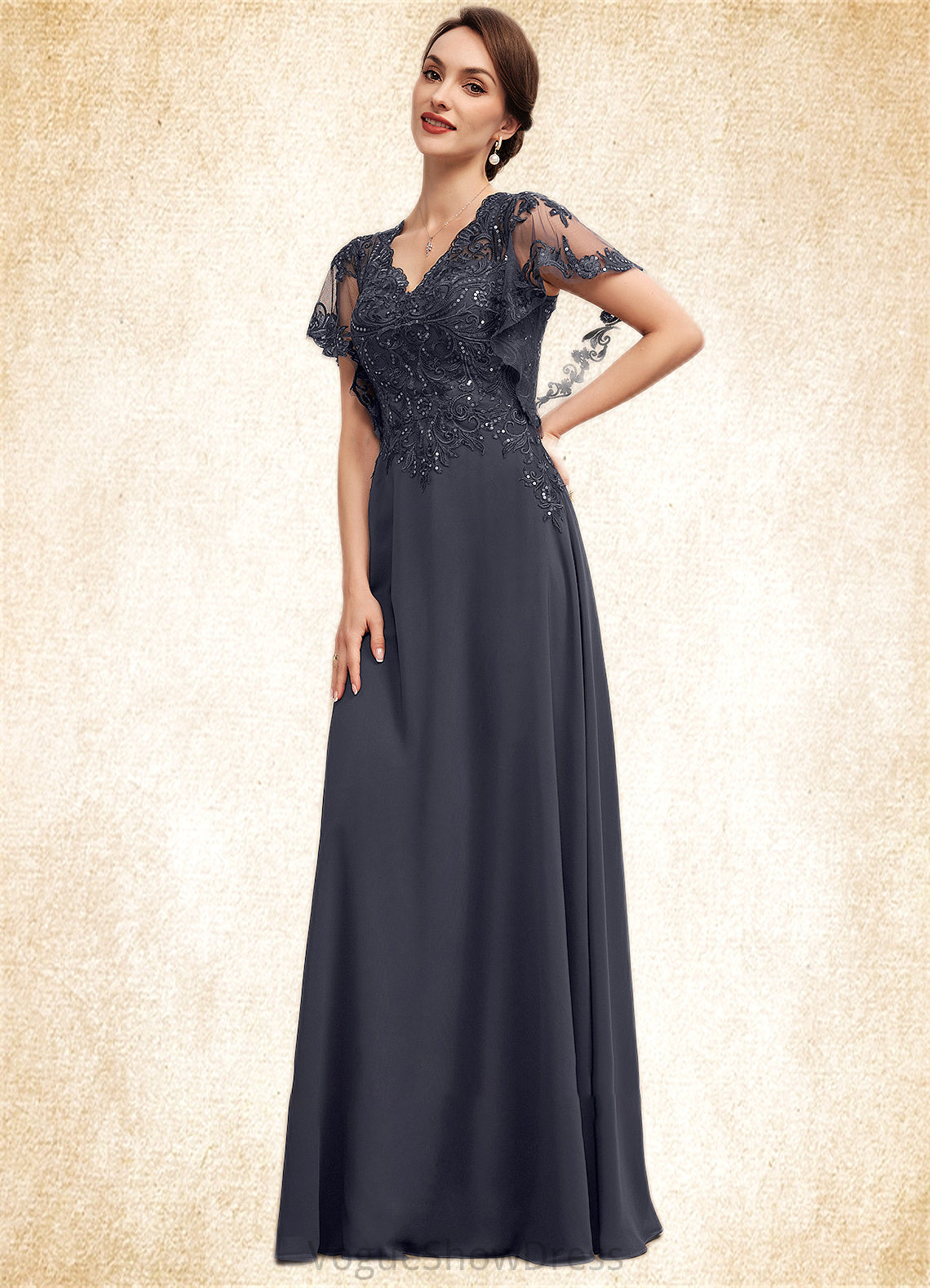 Mylee A-line V-Neck Floor-Length Chiffon Lace Mother of the Bride Dress With Sequins DL126P0014542