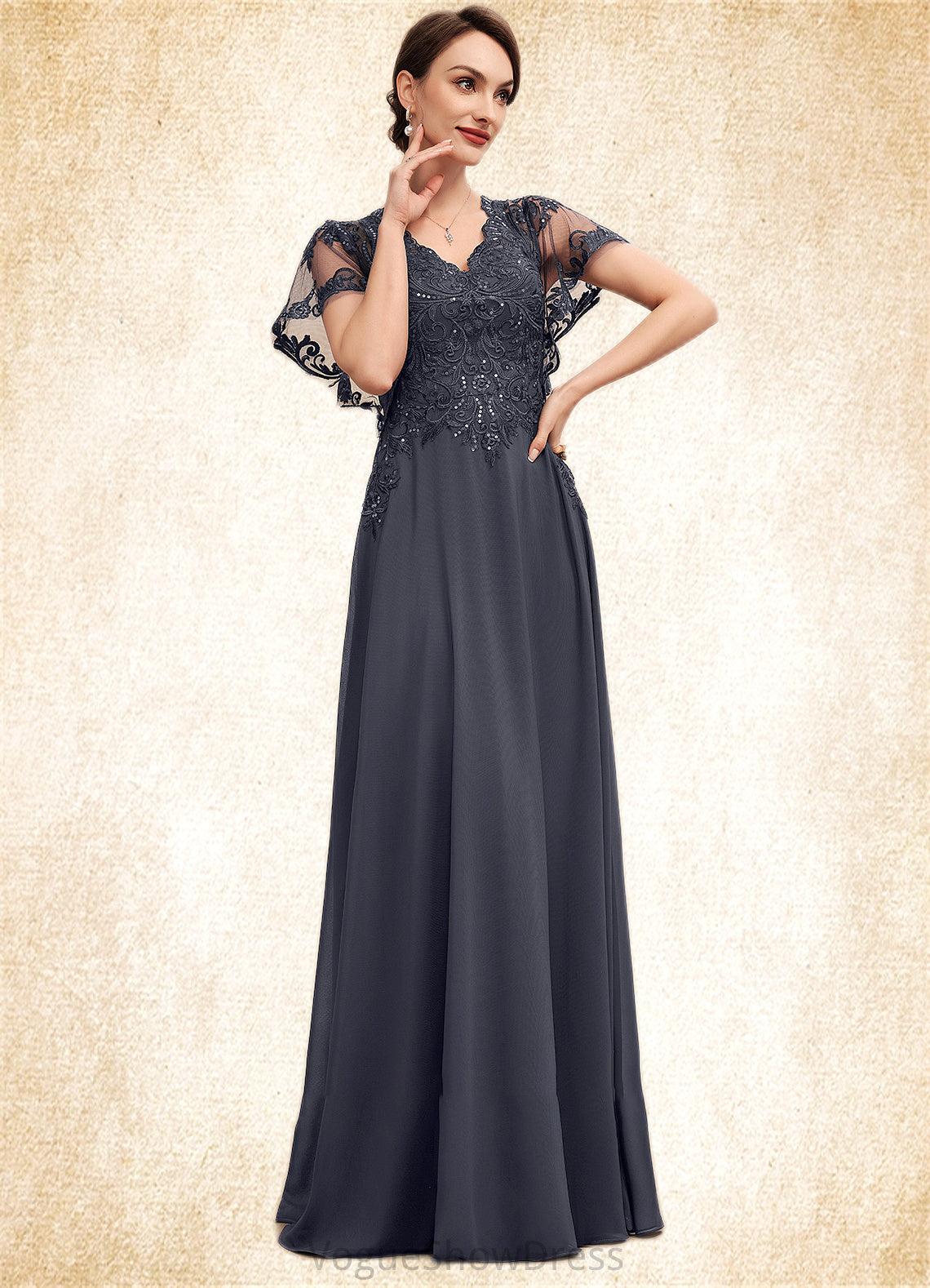 Mylee A-line V-Neck Floor-Length Chiffon Lace Mother of the Bride Dress With Sequins DL126P0014542