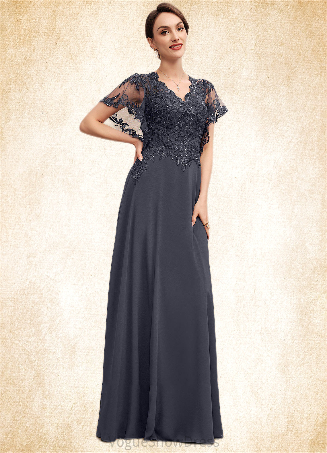 Mylee A-line V-Neck Floor-Length Chiffon Lace Mother of the Bride Dress With Sequins DL126P0014542