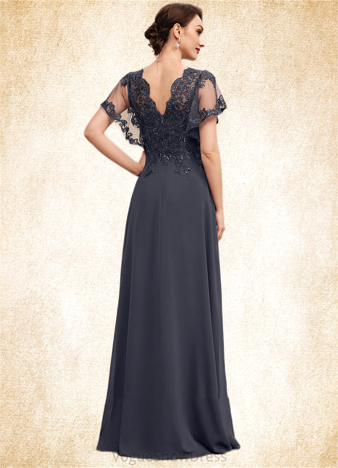 Mylee A-line V-Neck Floor-Length Chiffon Lace Mother of the Bride Dress With Sequins DL126P0014542