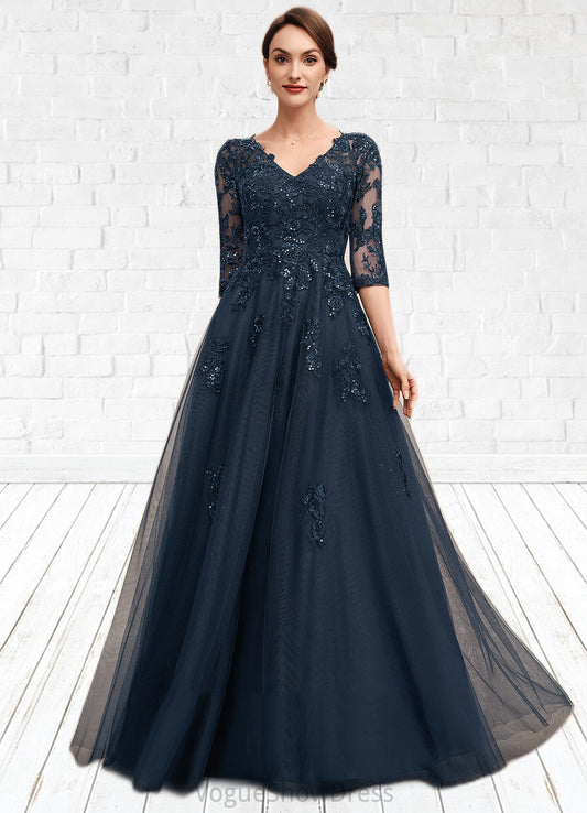 Sierra A-Line V-neck Floor-Length Tulle Lace Mother of the Bride Dress With Sequins DL126P0014543