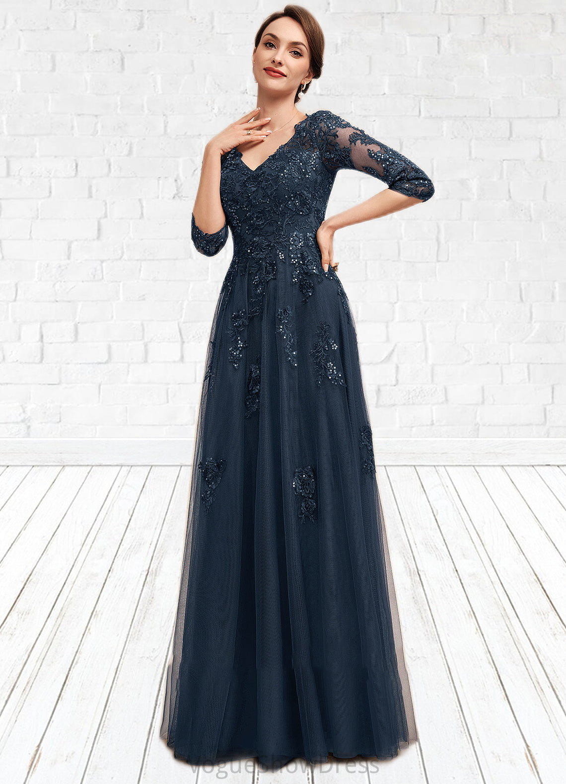 Sierra A-Line V-neck Floor-Length Tulle Lace Mother of the Bride Dress With Sequins DL126P0014543