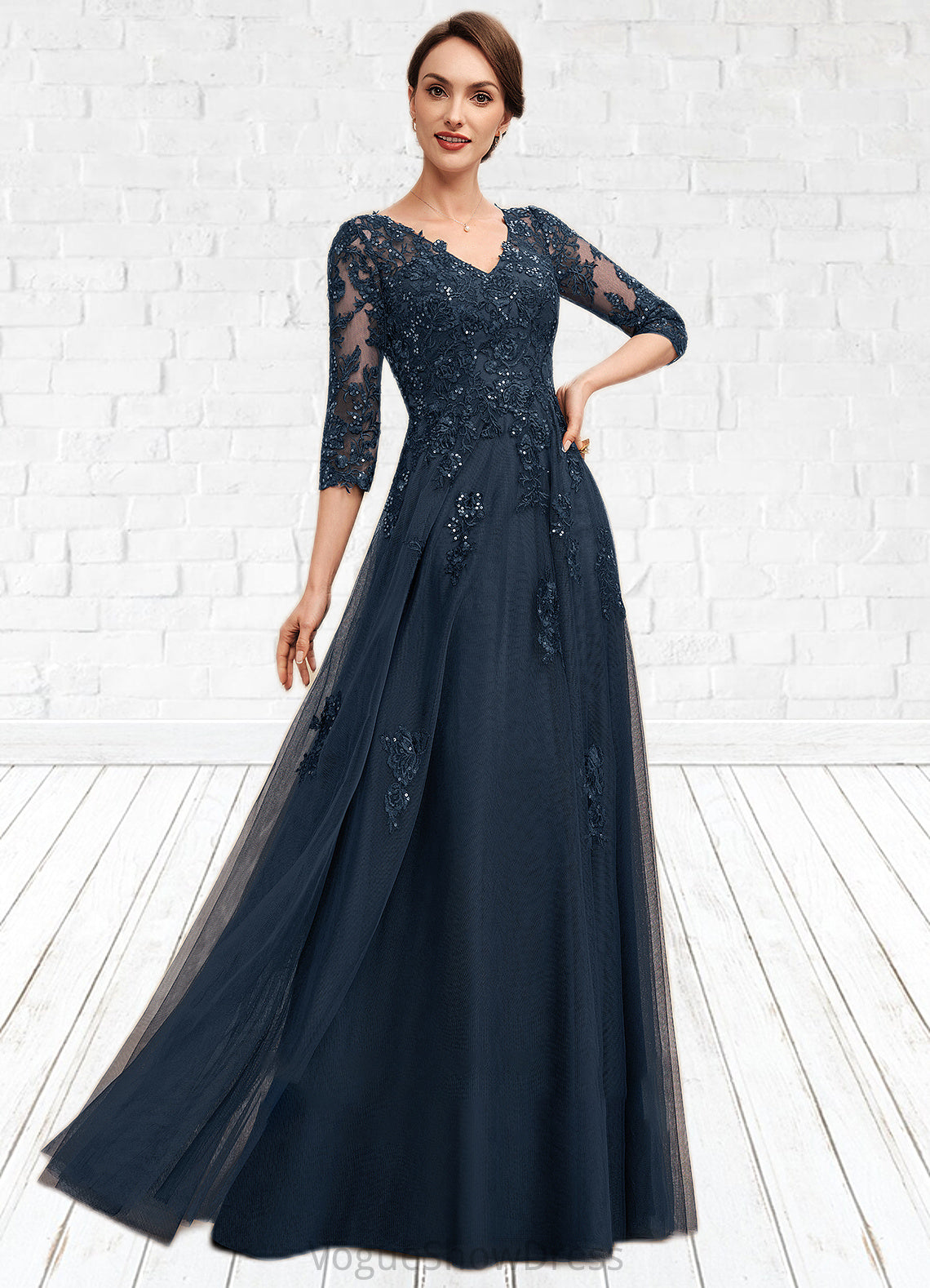 Sierra A-Line V-neck Floor-Length Tulle Lace Mother of the Bride Dress With Sequins DL126P0014543