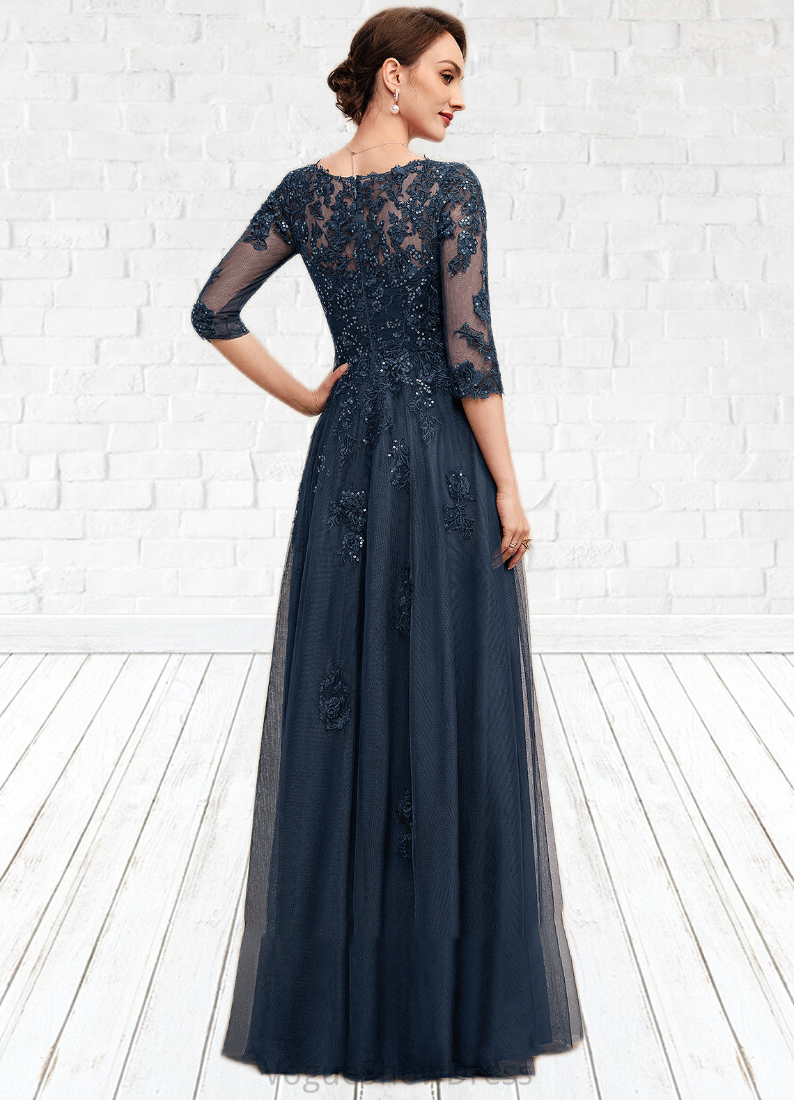 Sierra A-Line V-neck Floor-Length Tulle Lace Mother of the Bride Dress With Sequins DL126P0014543