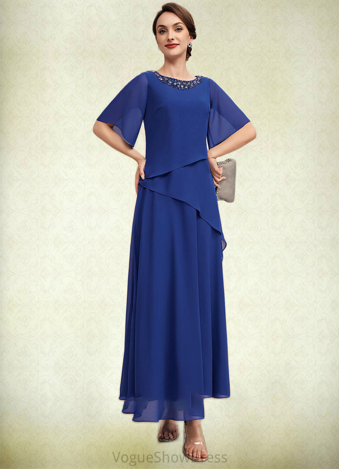 Scarlett A-Line Scoop Neck Ankle-Length Chiffon Mother of the Bride Dress With Beading DL126P0014544