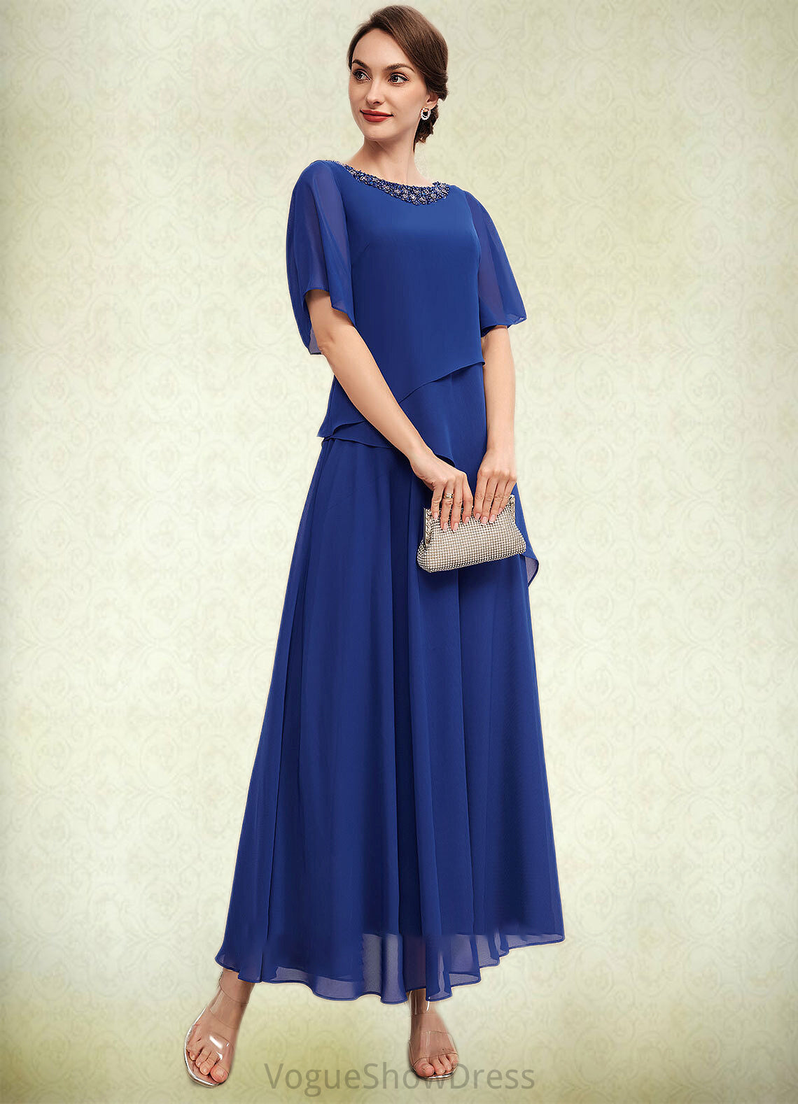 Scarlett A-Line Scoop Neck Ankle-Length Chiffon Mother of the Bride Dress With Beading DL126P0014544