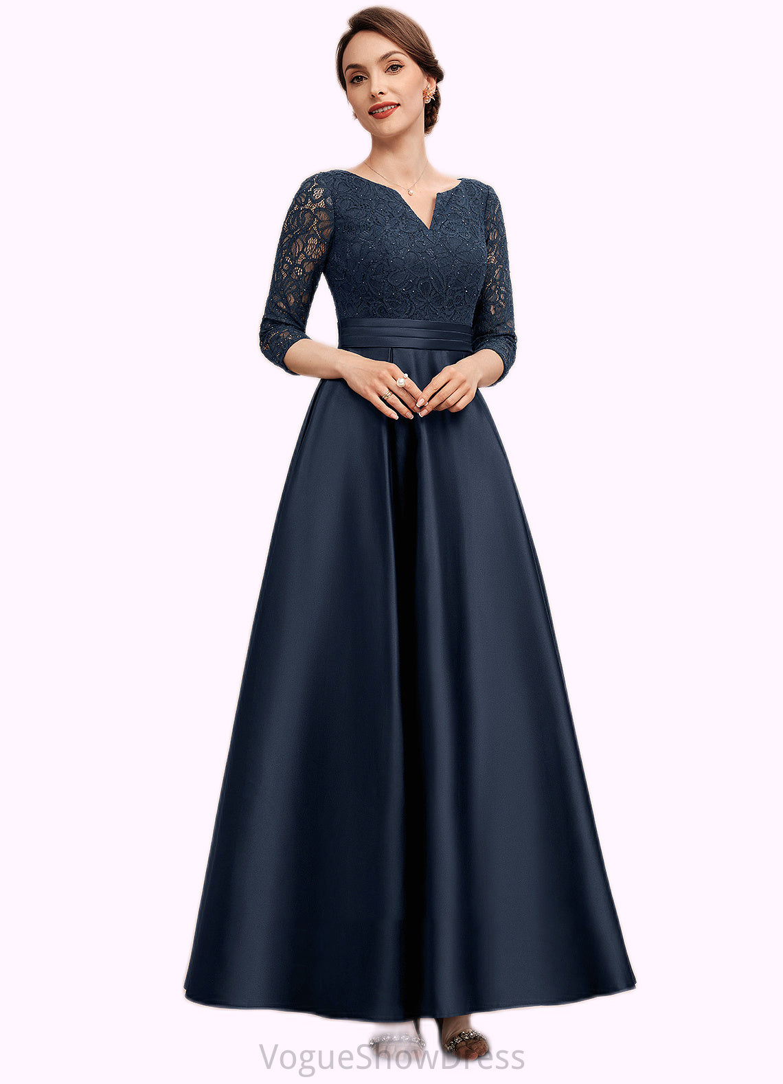 Hillary A-Line V-neck Ankle-Length Satin Lace Mother of the Bride Dress With Beading DL126P0014545