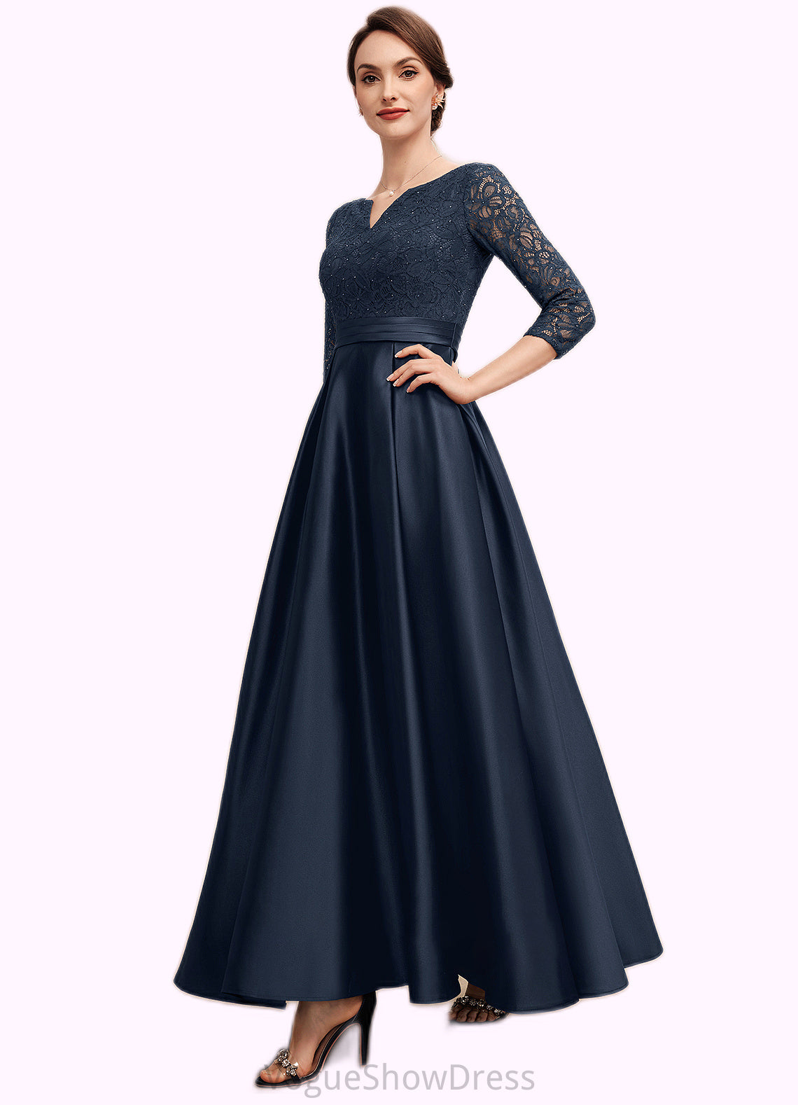 Hillary A-Line V-neck Ankle-Length Satin Lace Mother of the Bride Dress With Beading DL126P0014545