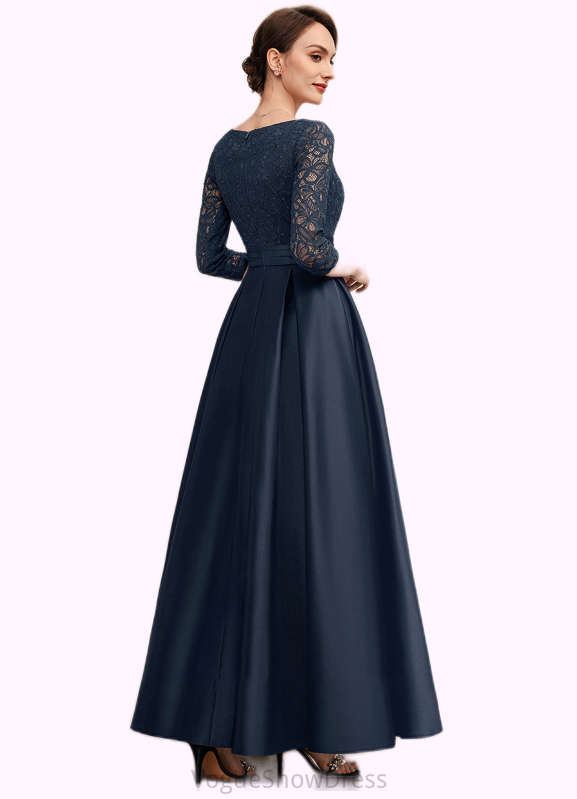 Hillary A-Line V-neck Ankle-Length Satin Lace Mother of the Bride Dress With Beading DL126P0014545