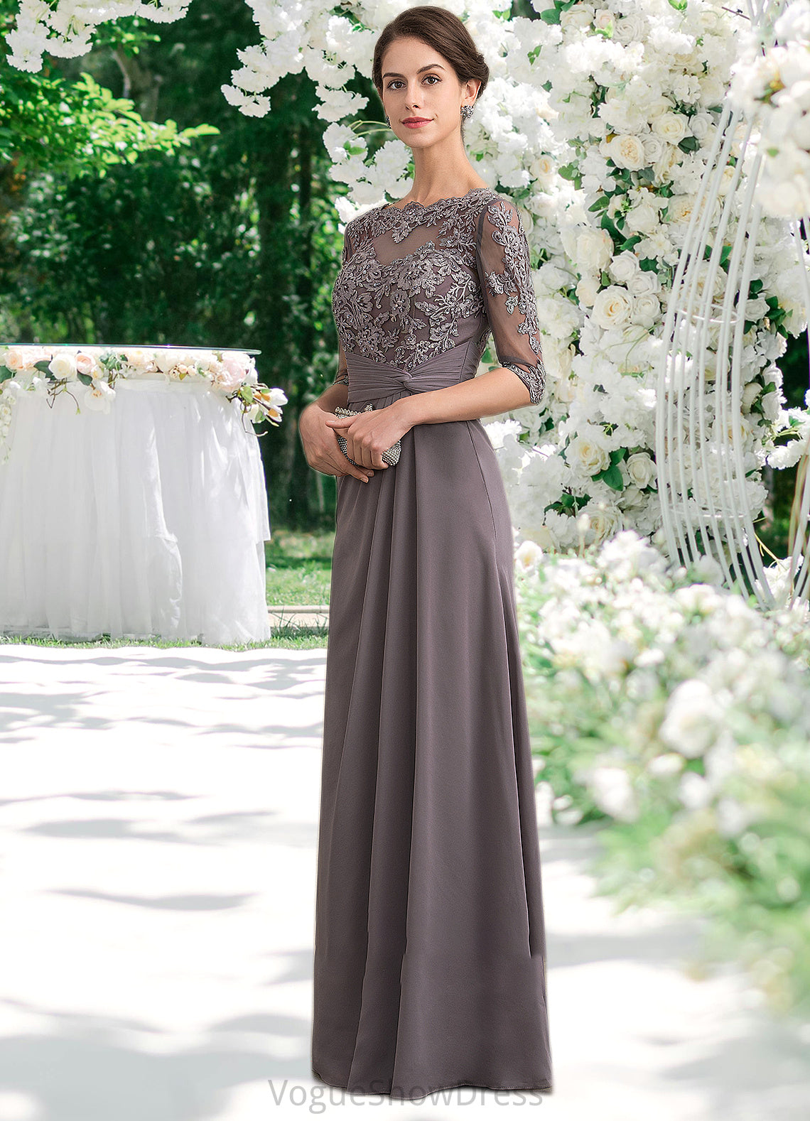 Marianna A-Line Scoop Neck Floor-Length Chiffon Lace Mother of the Bride Dress With Beading Sequins DL126P0014546