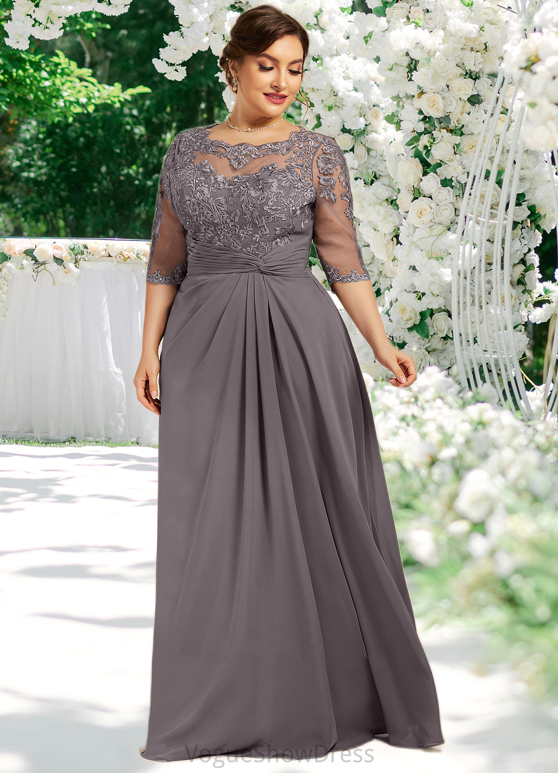 Marianna A-Line Scoop Neck Floor-Length Chiffon Lace Mother of the Bride Dress With Beading Sequins DL126P0014546