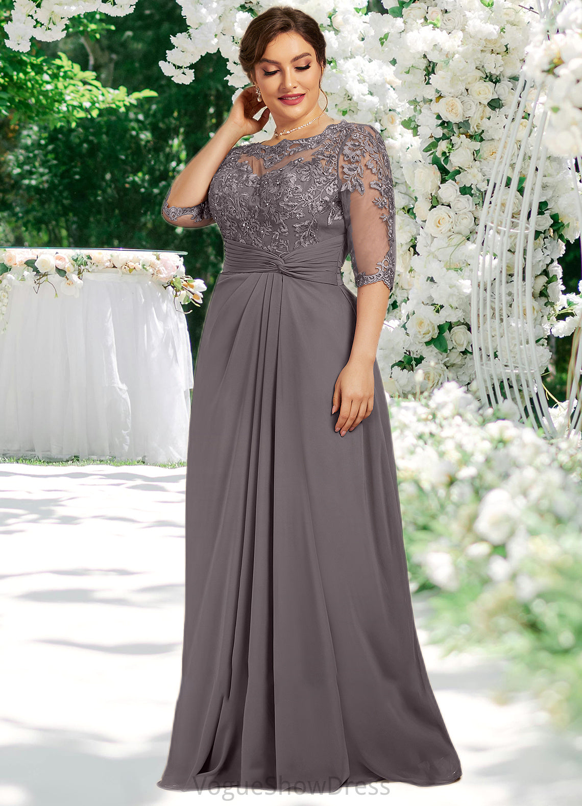 Marianna A-Line Scoop Neck Floor-Length Chiffon Lace Mother of the Bride Dress With Beading Sequins DL126P0014546