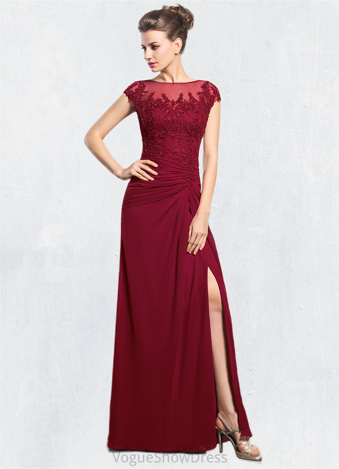 Savannah Sheath/Column Scoop Neck Floor-Length Chiffon Mother of the Bride Dress With Ruffle Beading Appliques Lace Sequins Split Front DL126P0014549