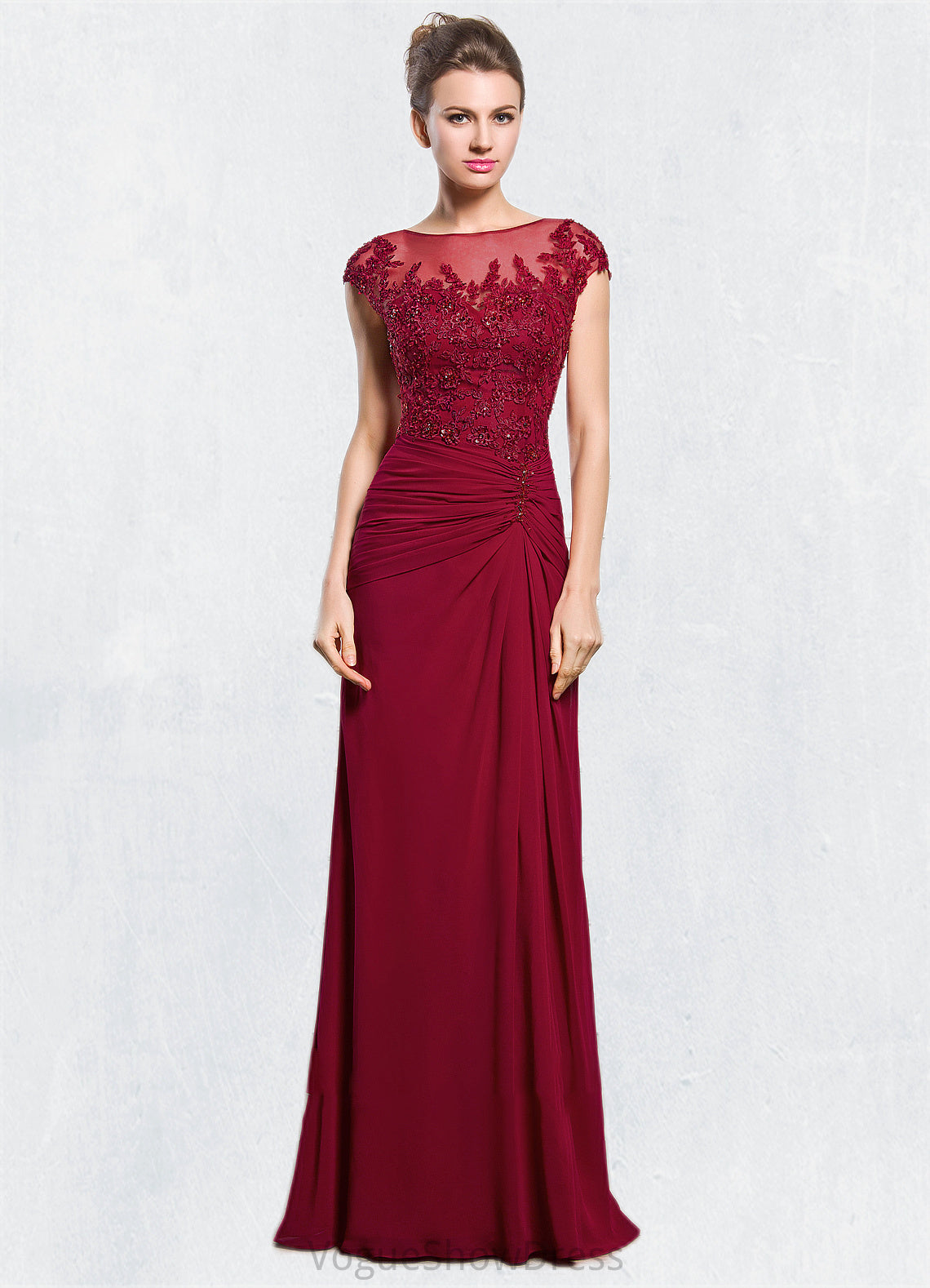 Savannah Sheath/Column Scoop Neck Floor-Length Chiffon Mother of the Bride Dress With Ruffle Beading Appliques Lace Sequins Split Front DL126P0014549