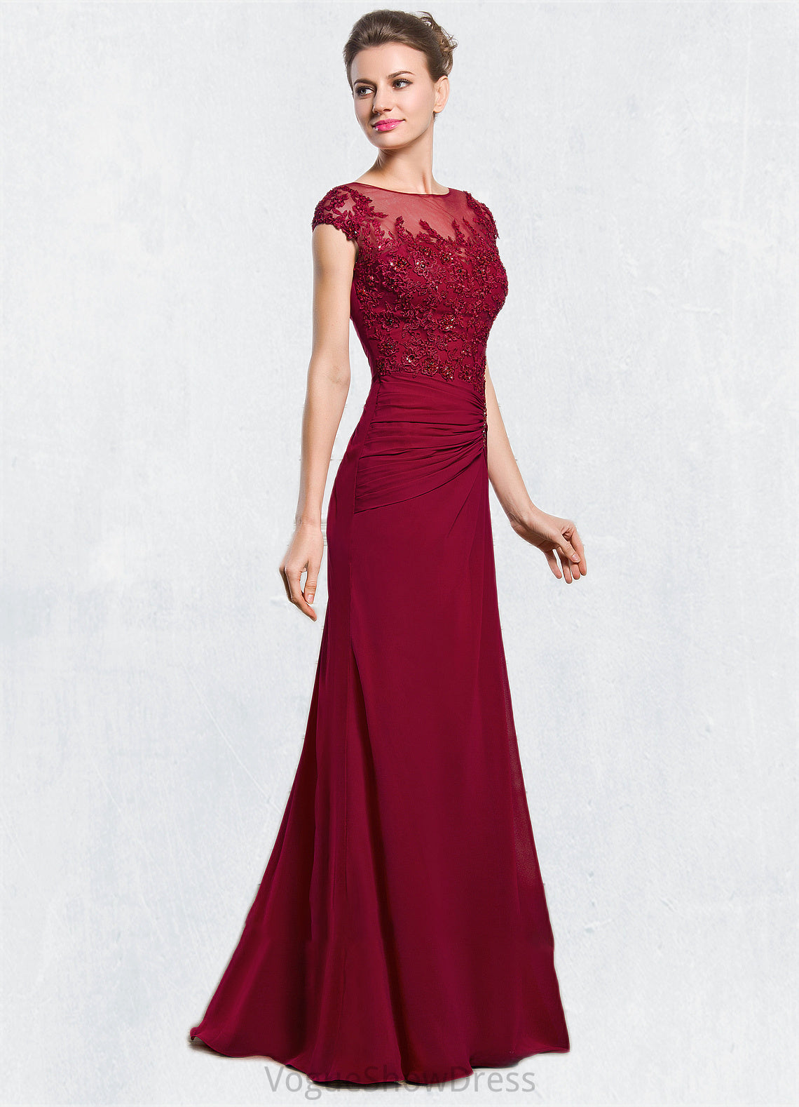 Savannah Sheath/Column Scoop Neck Floor-Length Chiffon Mother of the Bride Dress With Ruffle Beading Appliques Lace Sequins Split Front DL126P0014549