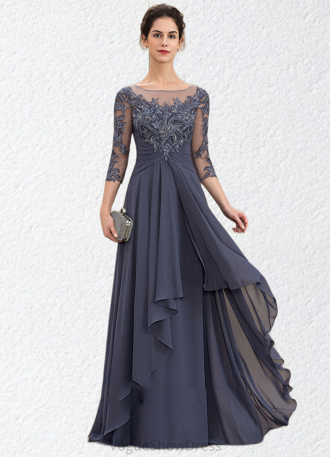 Kiara A-Line Scoop Neck Floor-Length Chiffon Lace Mother of the Bride Dress With Cascading Ruffles DL126P0014550