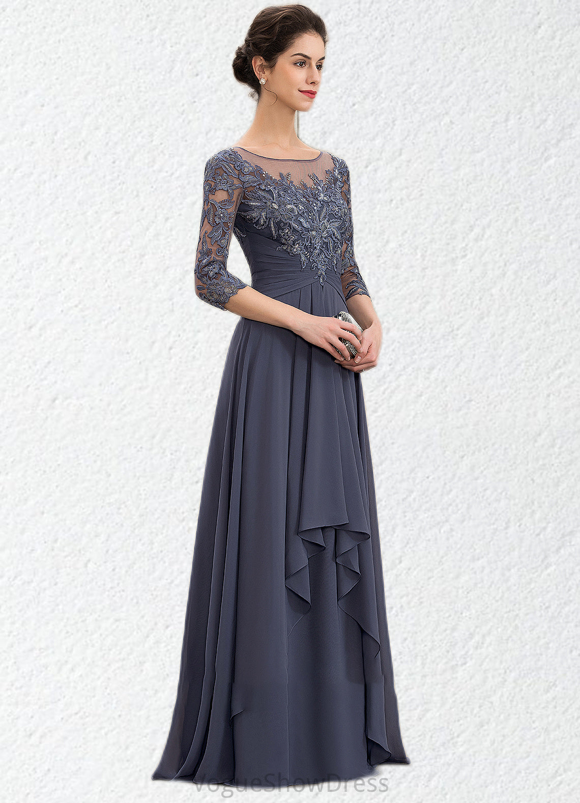 Kiara A-Line Scoop Neck Floor-Length Chiffon Lace Mother of the Bride Dress With Cascading Ruffles DL126P0014550