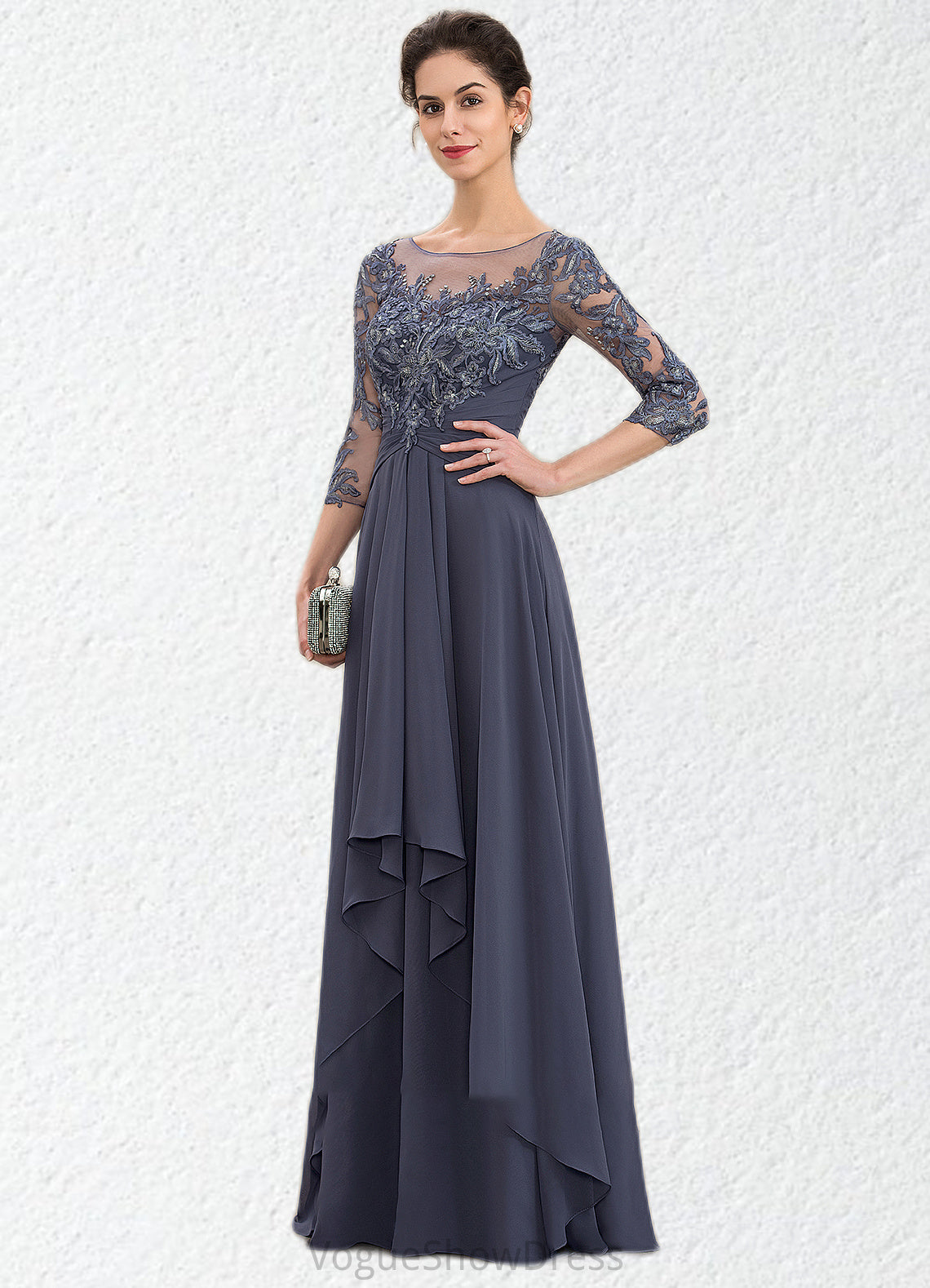 Kiara A-Line Scoop Neck Floor-Length Chiffon Lace Mother of the Bride Dress With Cascading Ruffles DL126P0014550